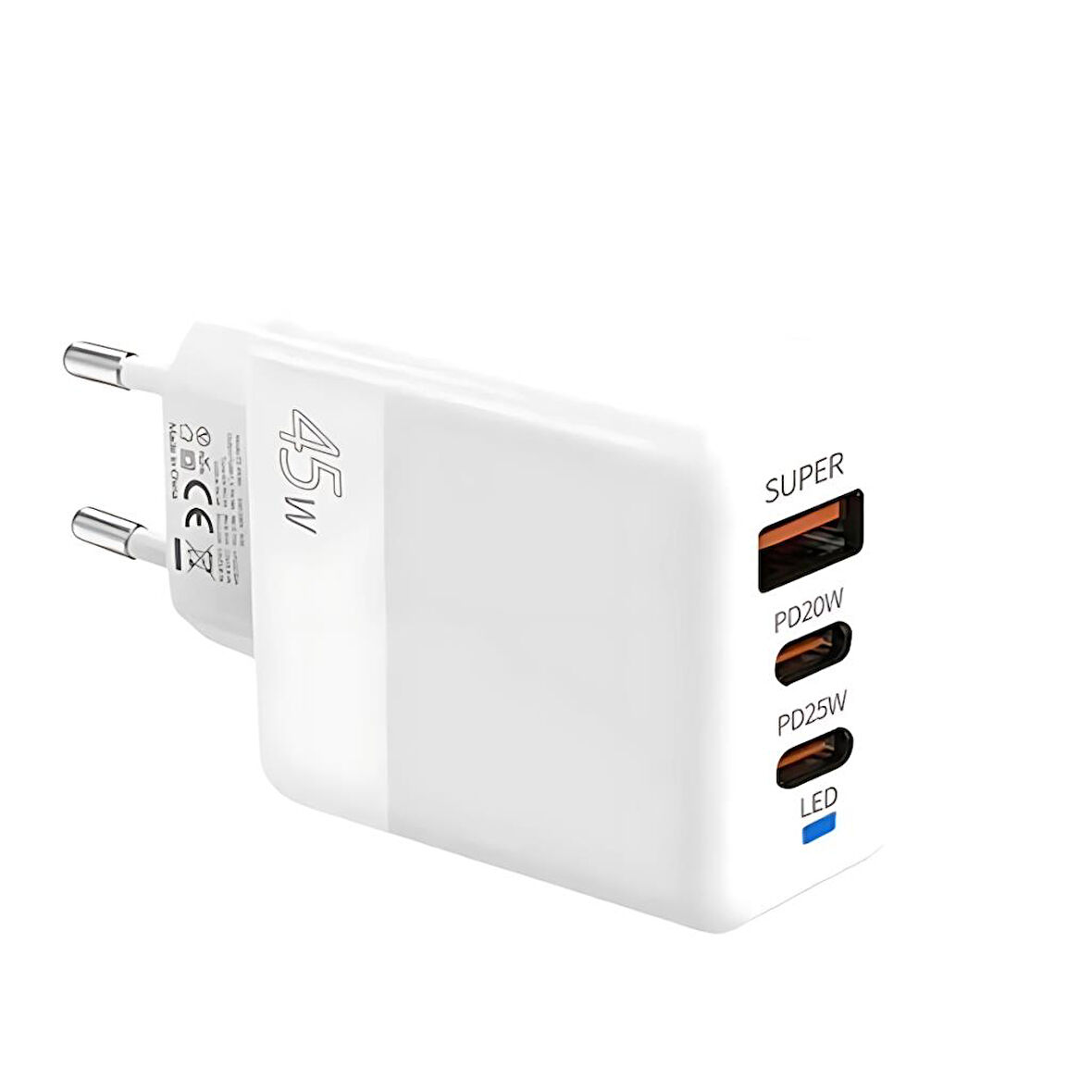 Polham 6A 45W 2x PD Type C 1x USB Şarj Başlığı, Universal Akıllı Şarj Adaptörü, Isı ve Akım Korumalı Beyaz
