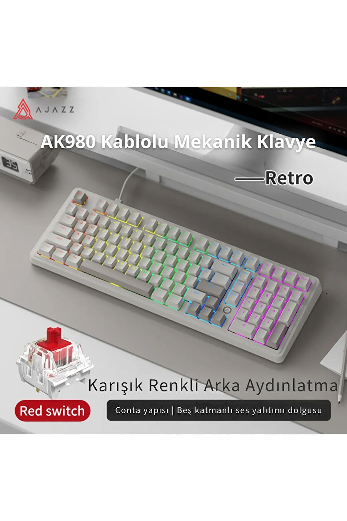 AK980 Red Switch Kablolu Mekanik Oyun Klavyesi- Rainbow Aydınlatmalı - Retro