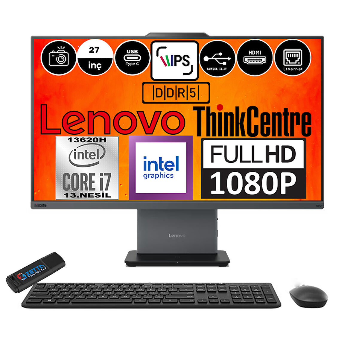 Lenovo Thinkcentre Neo 27 50A Gen5 Intel Core I7 13620H 96GB Ddr5 4tb SSD Windows 11 Home Intel® UHD Graphics 27" Fhd All In One Bilgisayar 12SA000RTRH20 + Zetta Flash Bellek