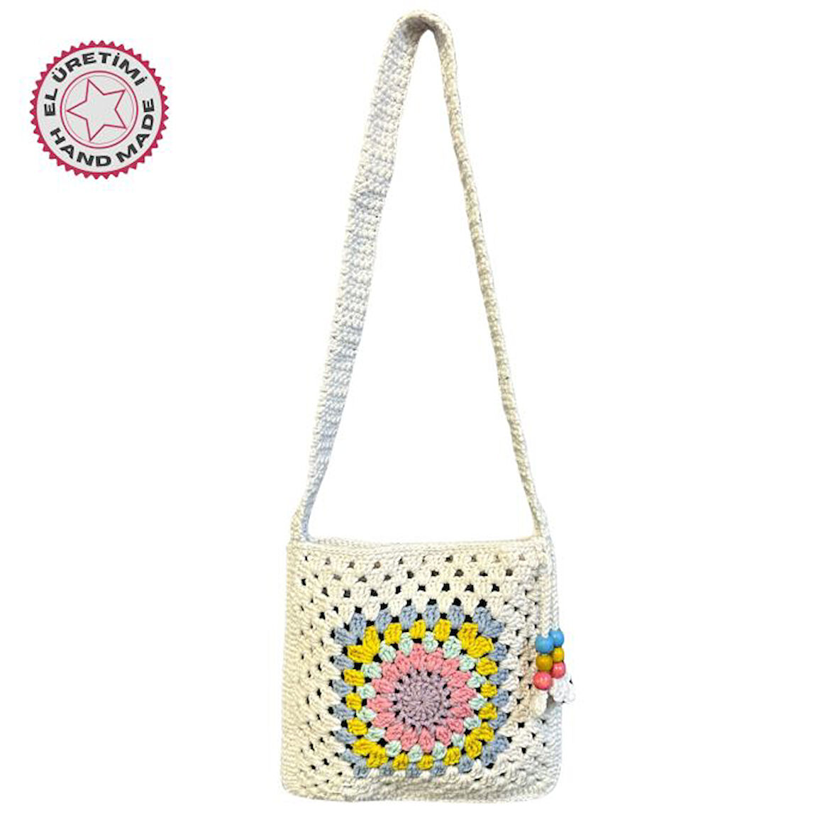 Uretti - Emine 9106 El Örgüsü Ahşap Boncuk Detaylı Mandala Model Omuz Çantası