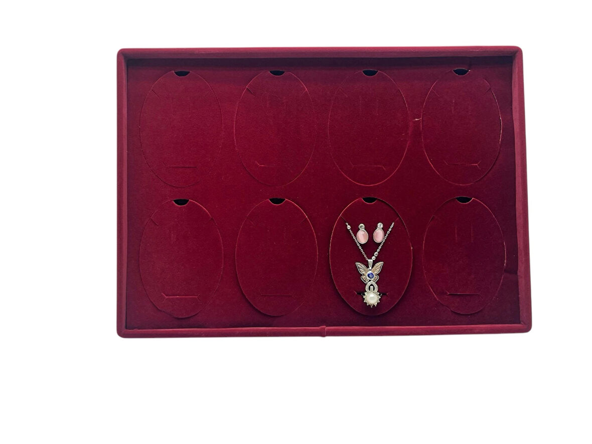 Süet Kumaş Bordo 34-24 Cm Ayaklı 8 Pedli Kolye Tabla Stand