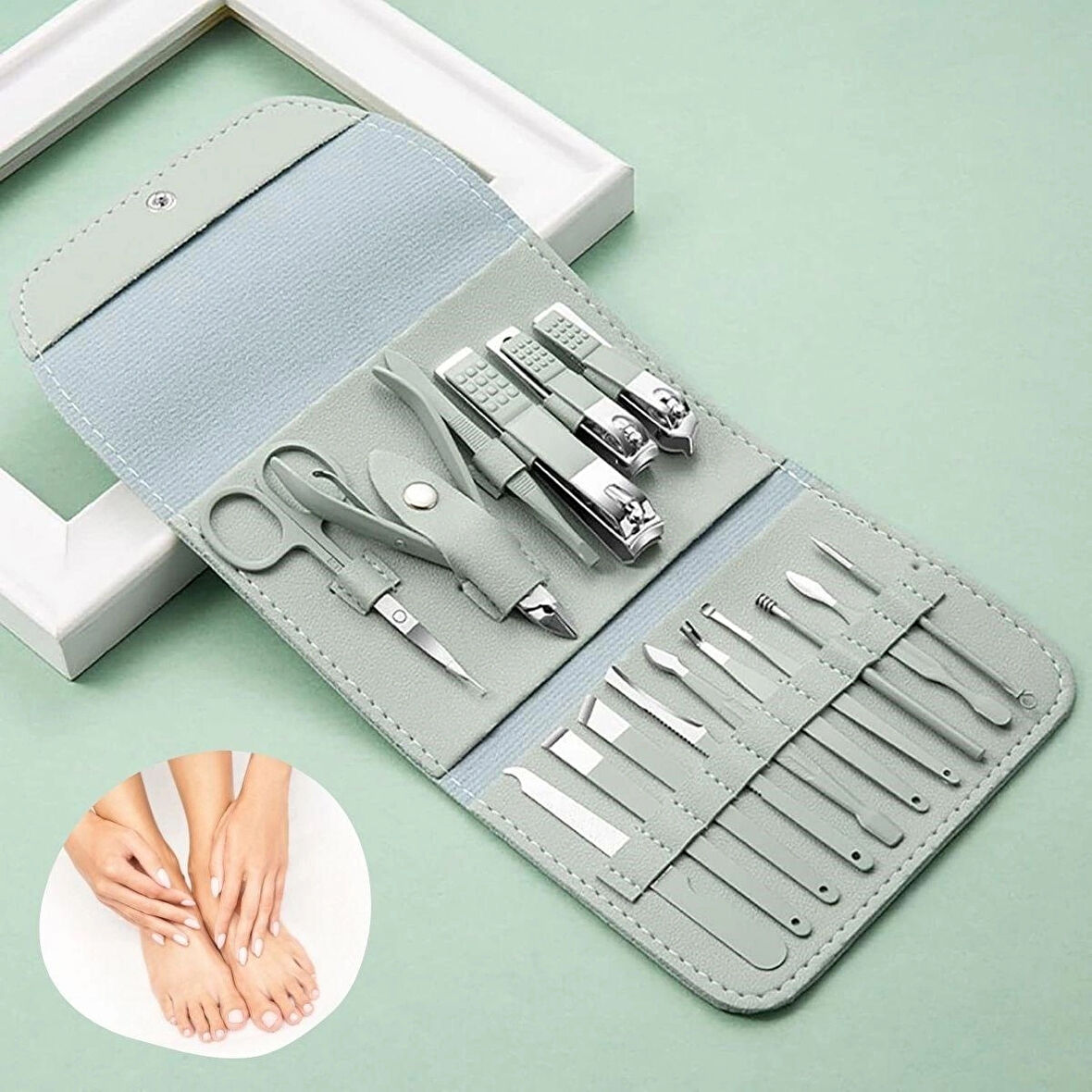 BUFFER® 16 Parça Manikür & Pedikür Seti – Paslanmaz Çelik, Deri Görünüm Çantalı, Unisex, Seyahat İçin İdeal