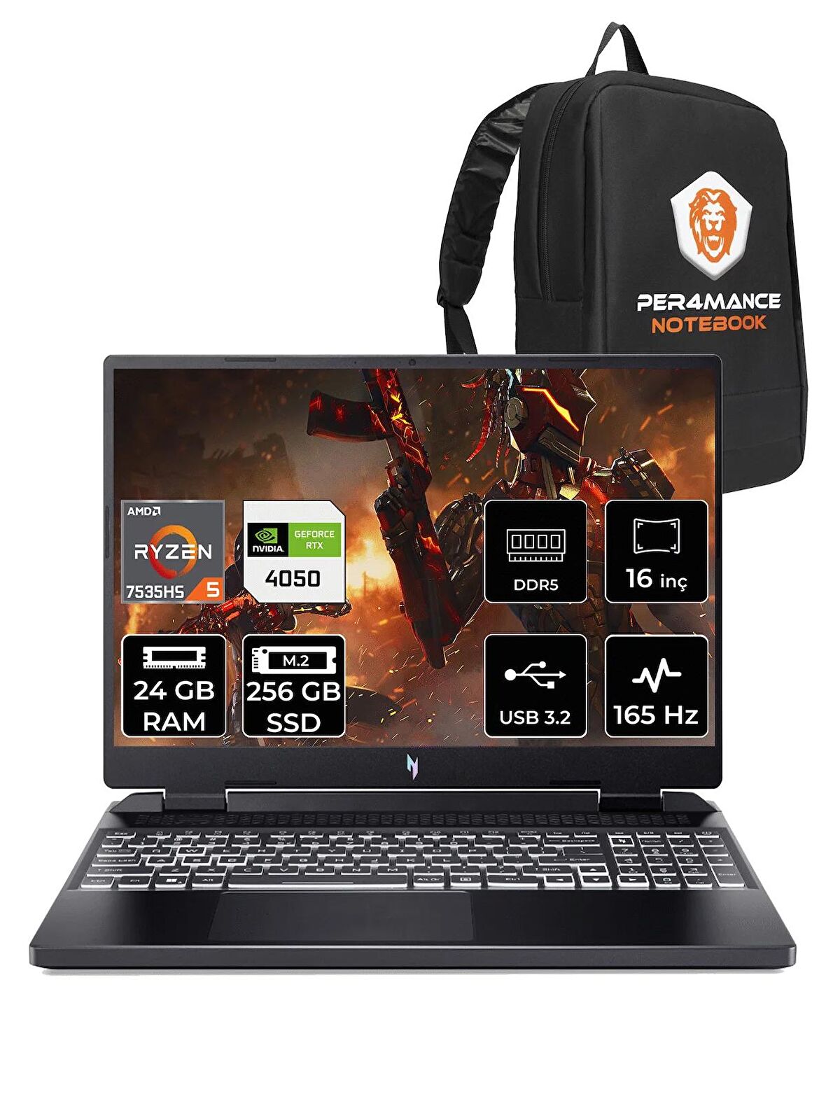 ACER Nitro 16 R5 7535HS 24GB 256GB SSD RTX4050/6GB 165HZ 16'' WUXGA FDOS NH.QKBEY.003 & PER4 ÇANTA