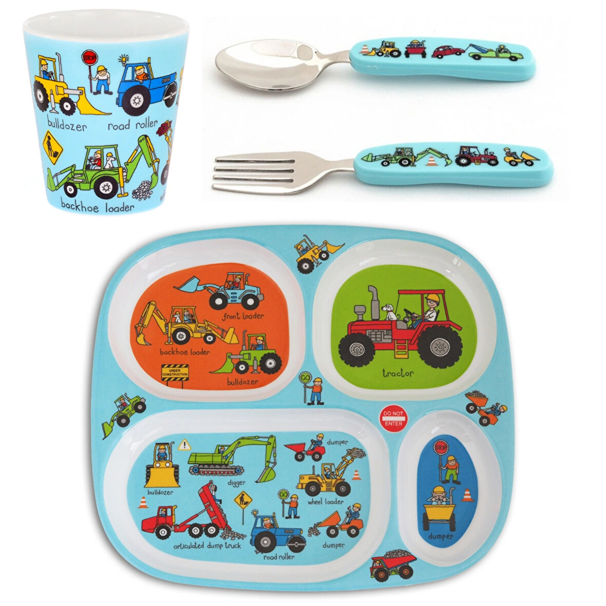 Melamin Bölmeli Tabak / Alıştırma Bardağı / Kutulu Çatal Kaşık Seti (4'lü Set) Wheels