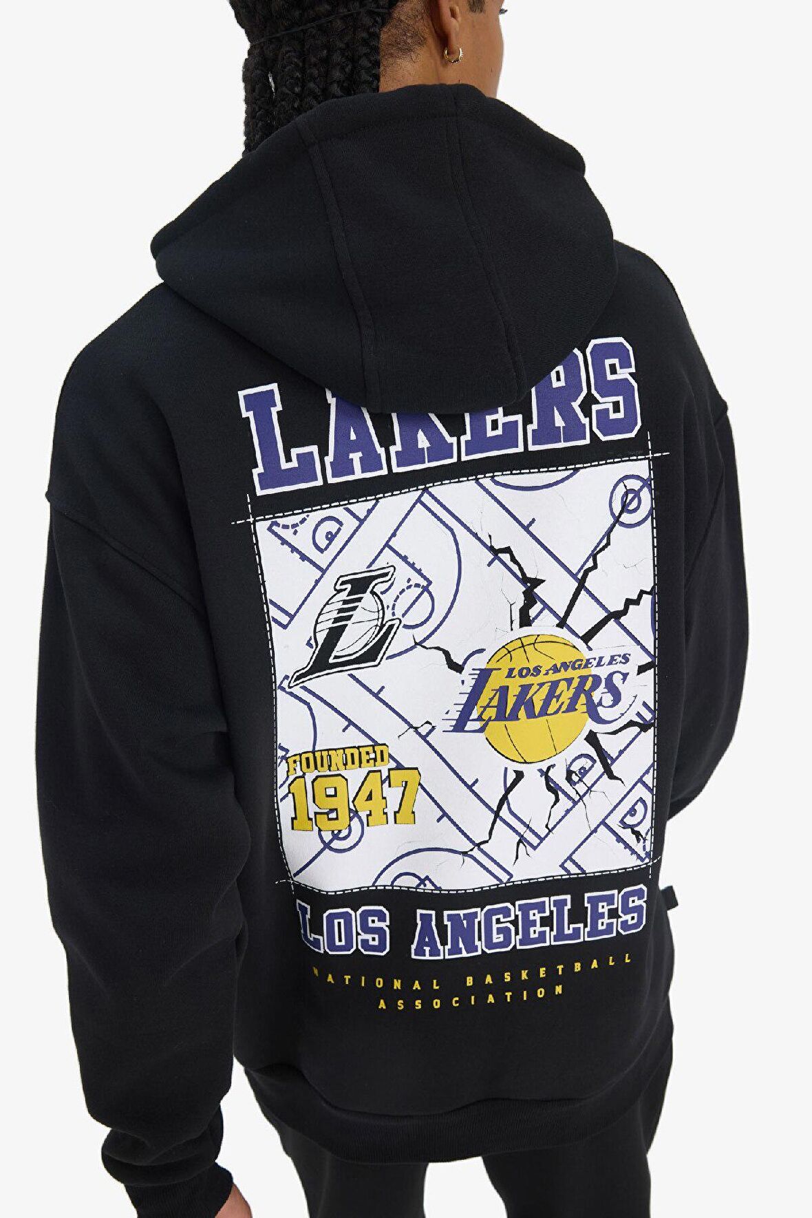 DeFactoFit NBA Los Angeles Lakers Oversize Geniş Kalıp Kapüşonlu Kalın Sweatshirt D8489AX25SPBK81