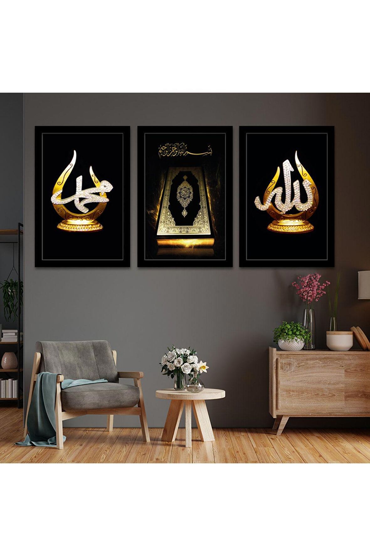 GÜMÜŞ AYNALI PLEKSİ ÇERÇEVELİ SULUBOYA TARZINDA MAVİ RENKLİ ÇİÇEKLER TABLOSU