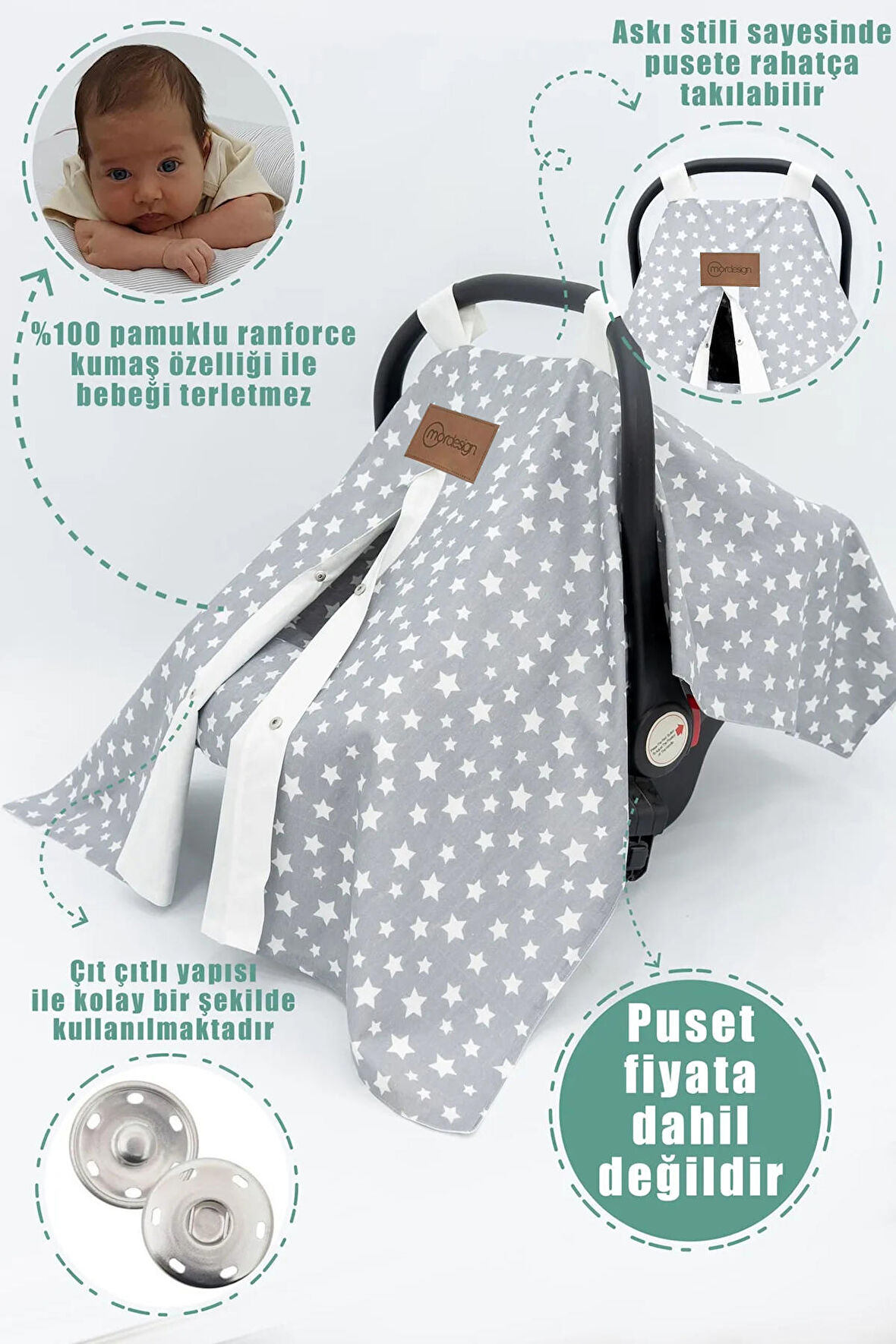 Mordesign Bebek Puset Örtüsü, Askı Stil Stars Desen, Gri Renk