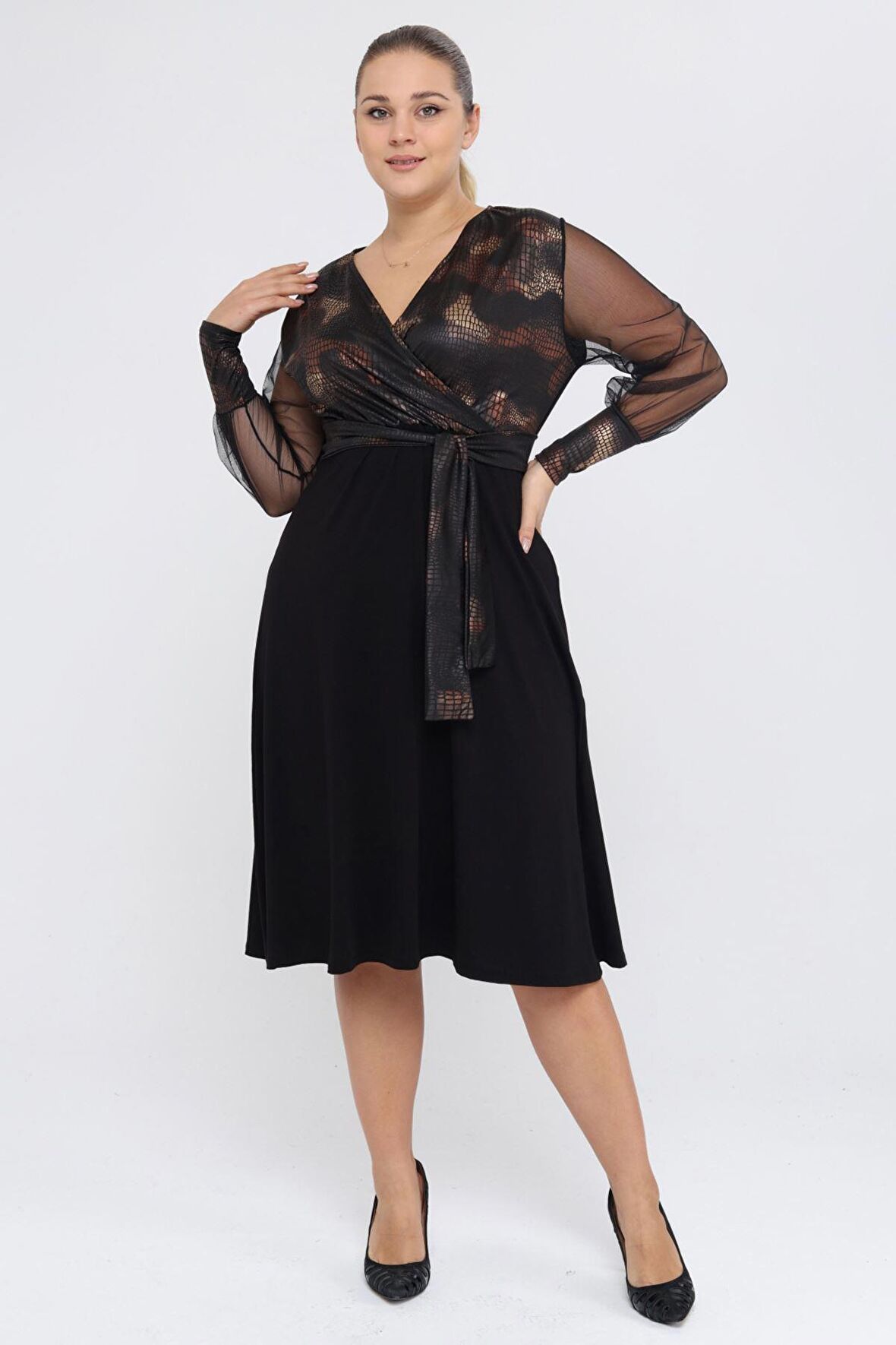 Büyük Beden Kruvaze Yaka Esnek Elbise 5C-2253