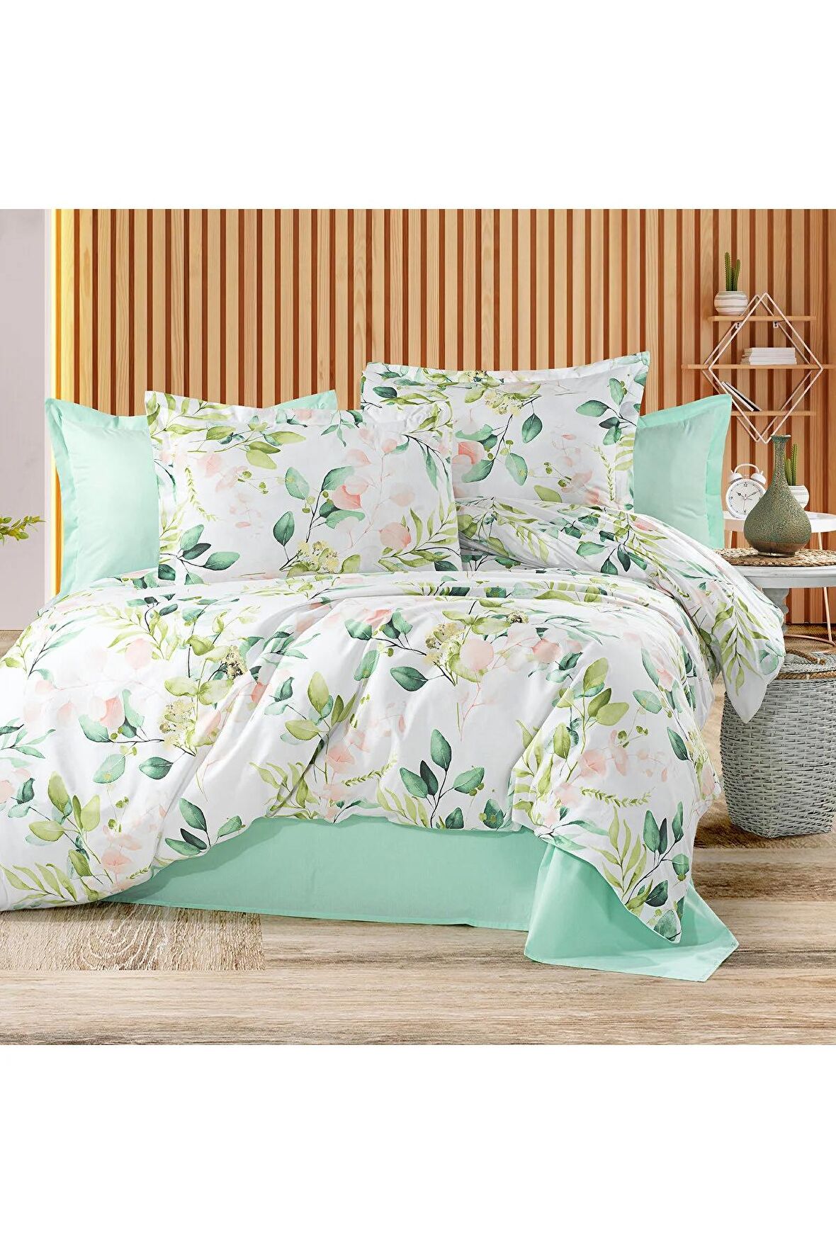 %100 Pamuklu 120x200 Yeşil Çiçek Desenli Tek Kişilik Nevresim Takımı (Lastikli Çarşaflı)