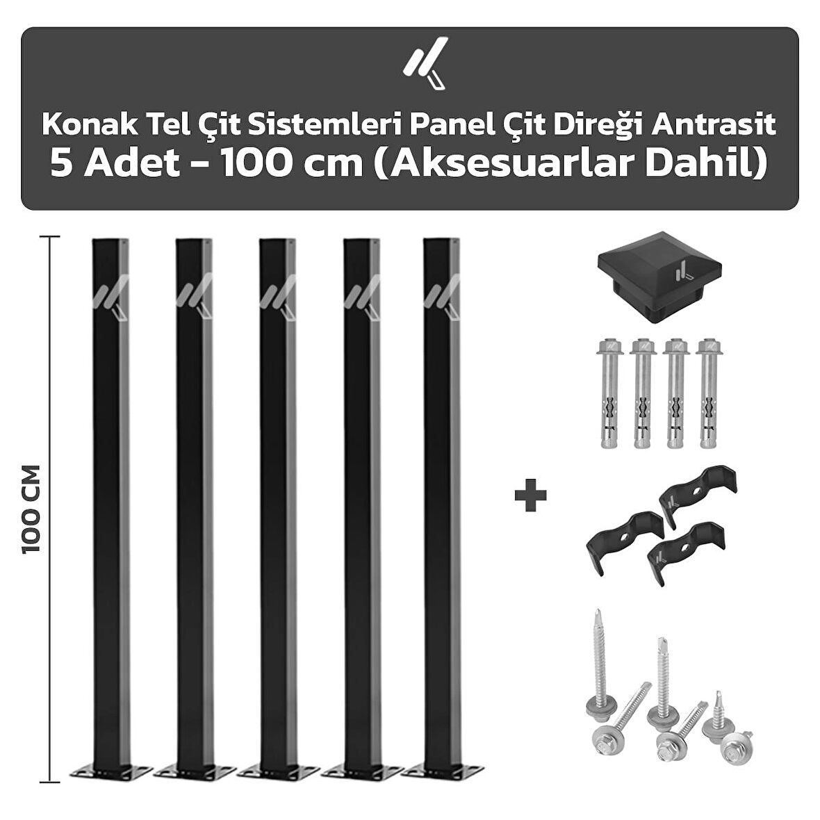 KONAK TEL ÇİT SİSTEMLERİ 5 ADET PANEL ÇİT DİREĞİ 100 CM ANTRASİT