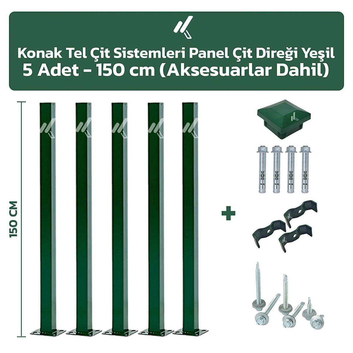 KONAK TEL ÇİT SİSTEMLERİ 5 ADET PANEL ÇİT DİREĞİ 150 CM YEŞİL