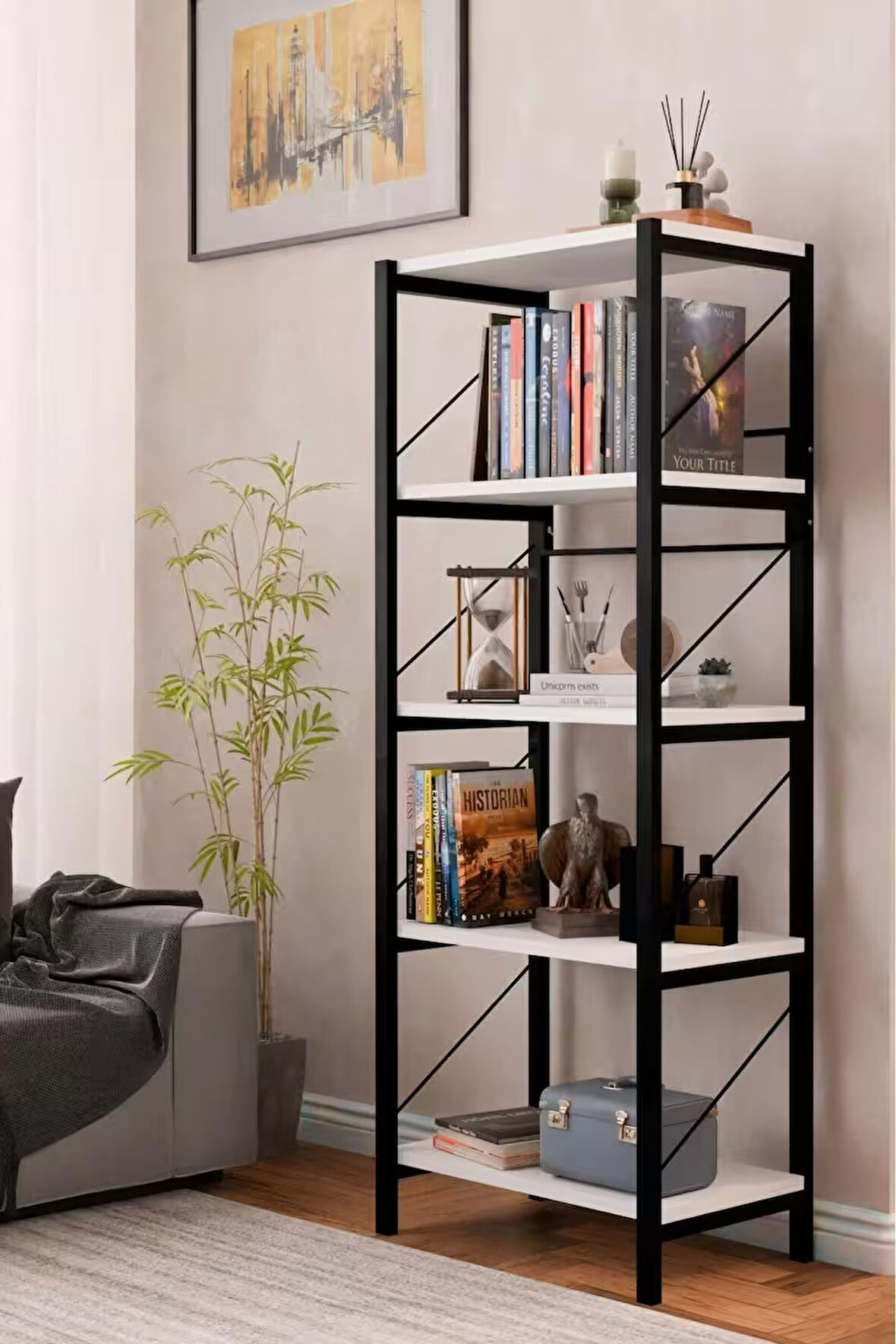 5 Katlı Metal Gövdeli Kitaplık – Çok Amaçlı Düzenleyici Raf Ünitesi, Ofis ve Salon Kitaplık, Dekoratif Saklama Rafı (60x30x153 cm)