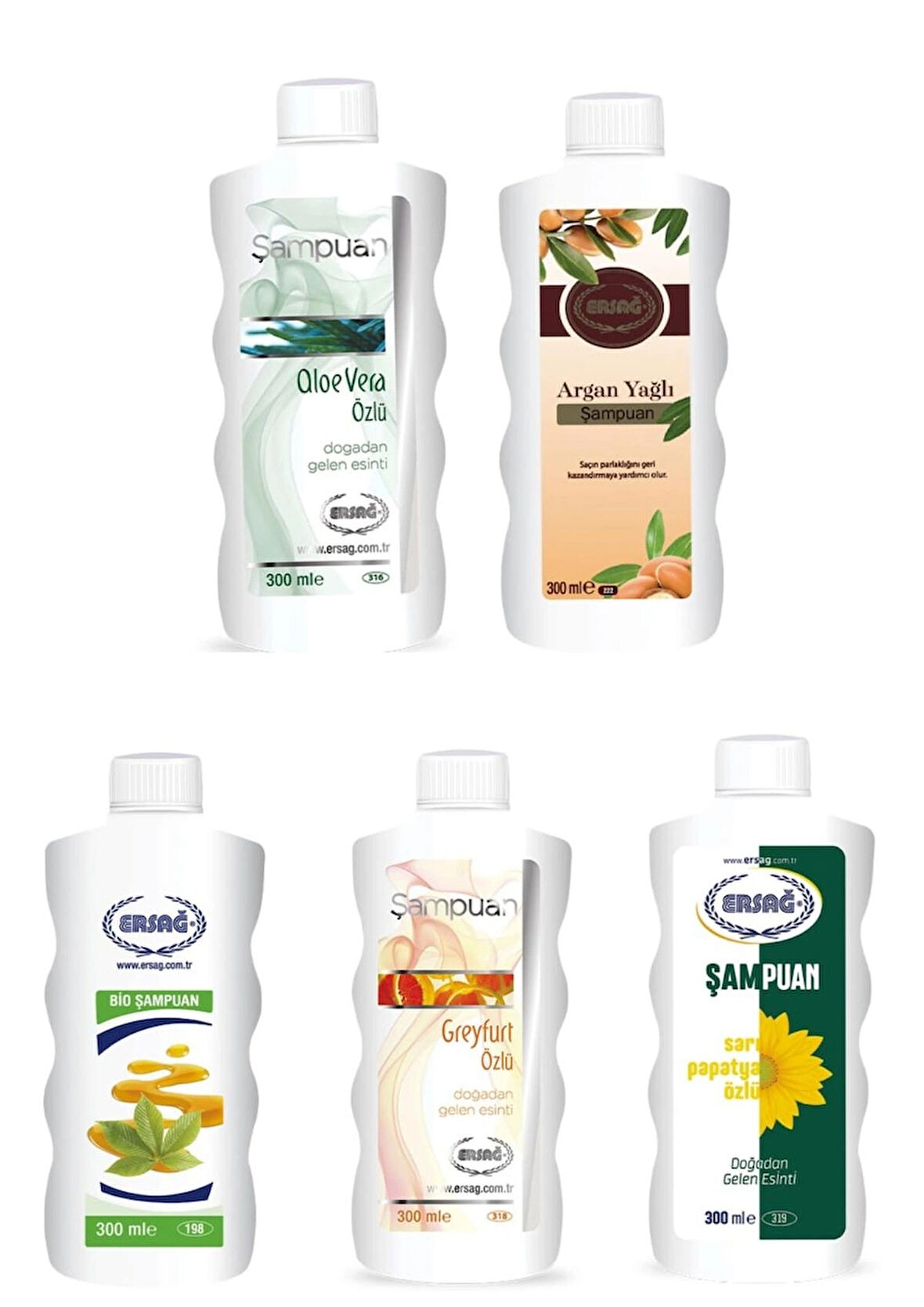 ERSAĞ 5Lİ ŞAMPUAN SETİ ARGAN+ PAPATYA+ GREYFURT + ALOEVERA + BİO 300 ML