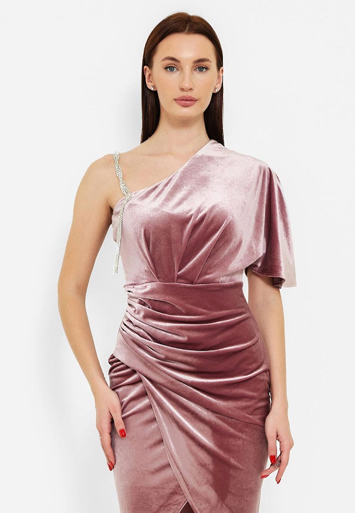 MODATALİKA Kadın Sağ Omuz Taş Detaylı Gece Elbisesi