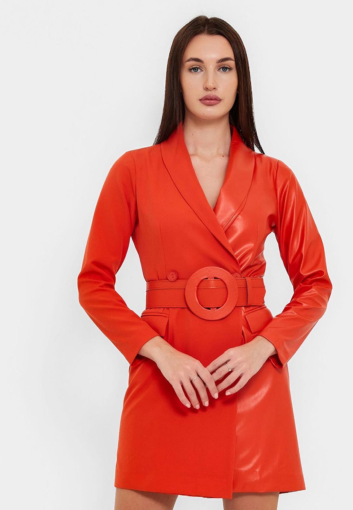 MODATALİKA Kadın Tasarım Suni Deri Kemerli Kısa Elbise