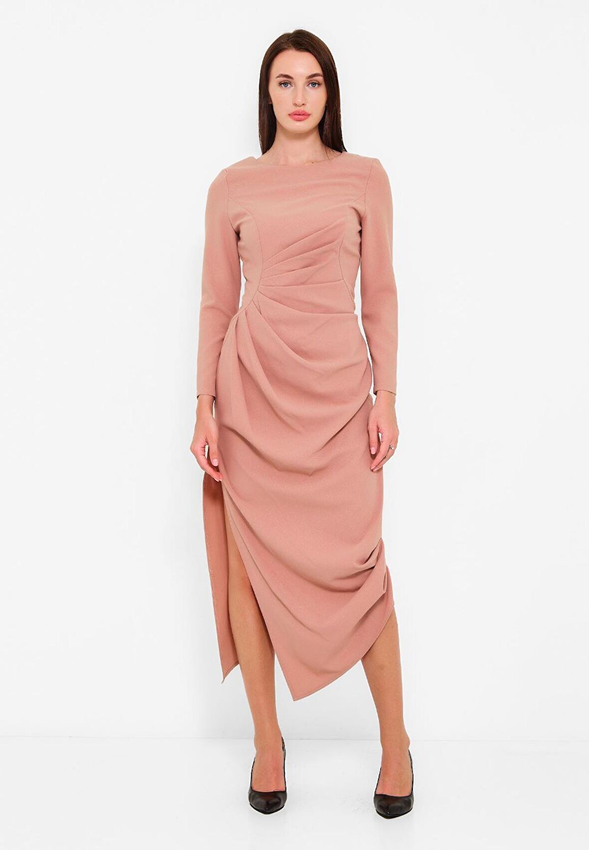 MODATALİKA Kadın Asimetrik Kesim Büzgü Detaylı Elbise