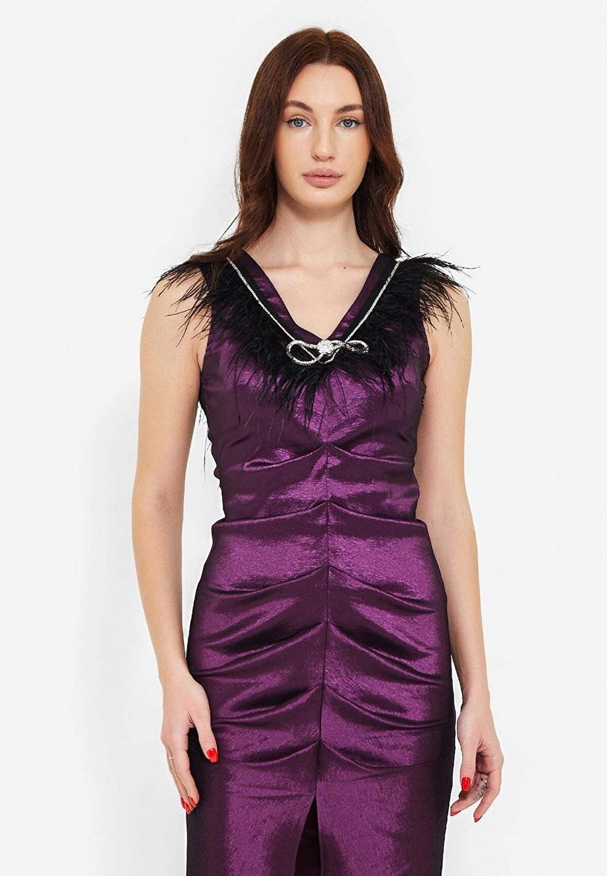 MODATALİKA  Kadın Önden Büzgülü Yırtmaçlı Elbise