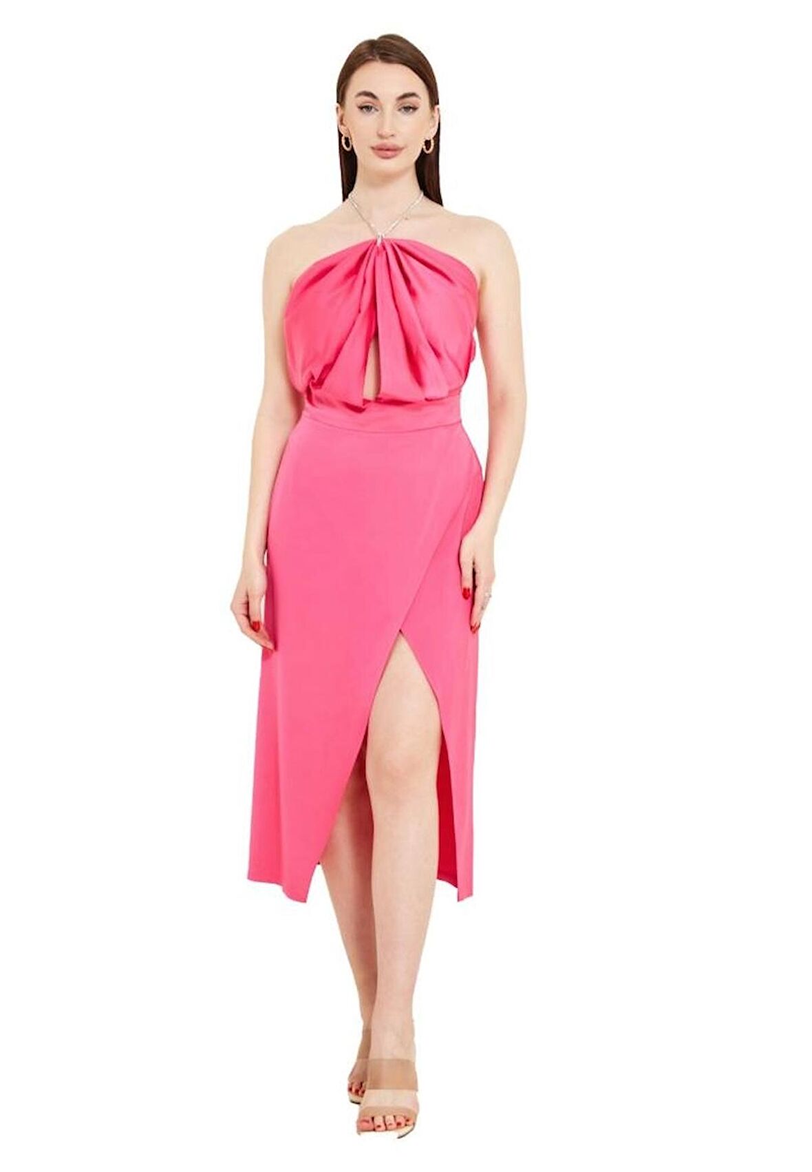 Modatalika Boyundan Zincir Bağlamalı Yırtmaçlı Midi Boy Elbise