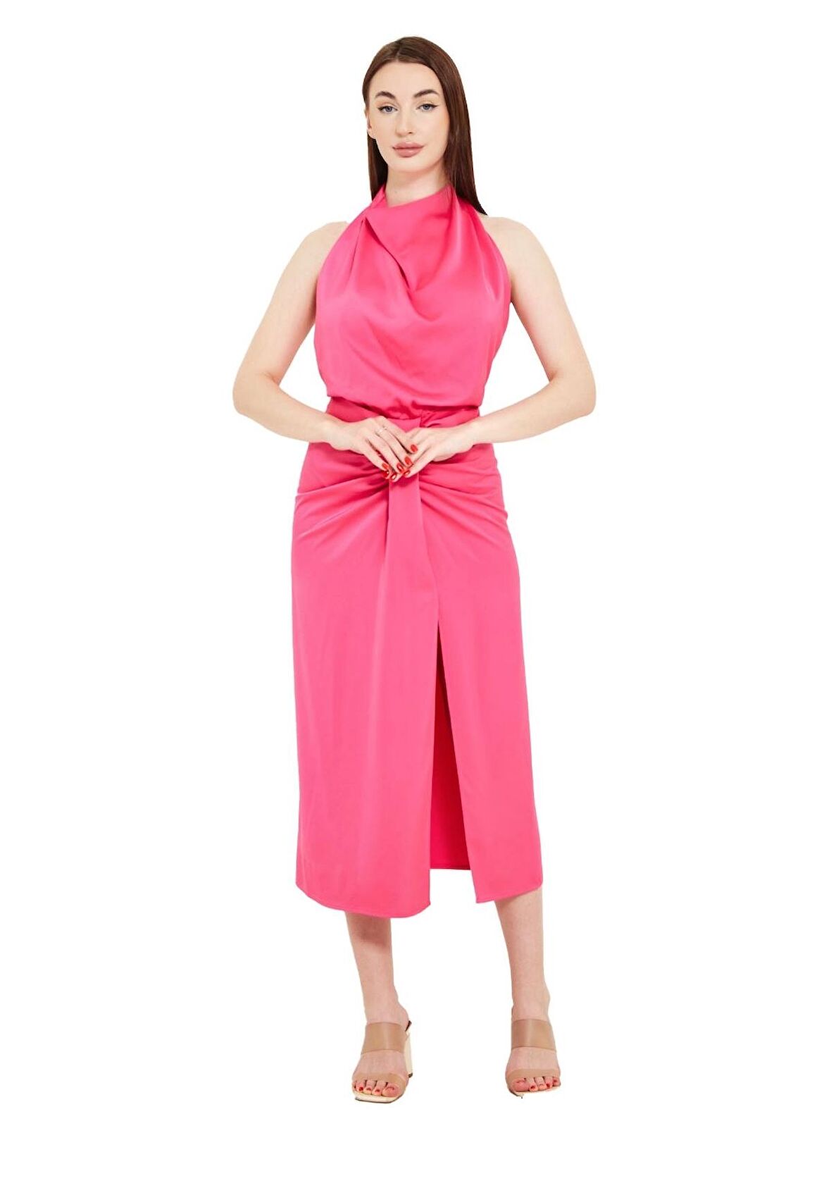 Modatalika Boyundan Bağlamalı Önü Yırtmaçlı Midi Boy Elbise