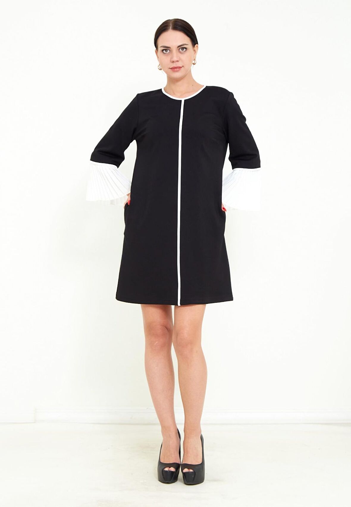 Modatalika Kadın Mini Boy Truvakar Kol Biye Detaylı Şık Elbise