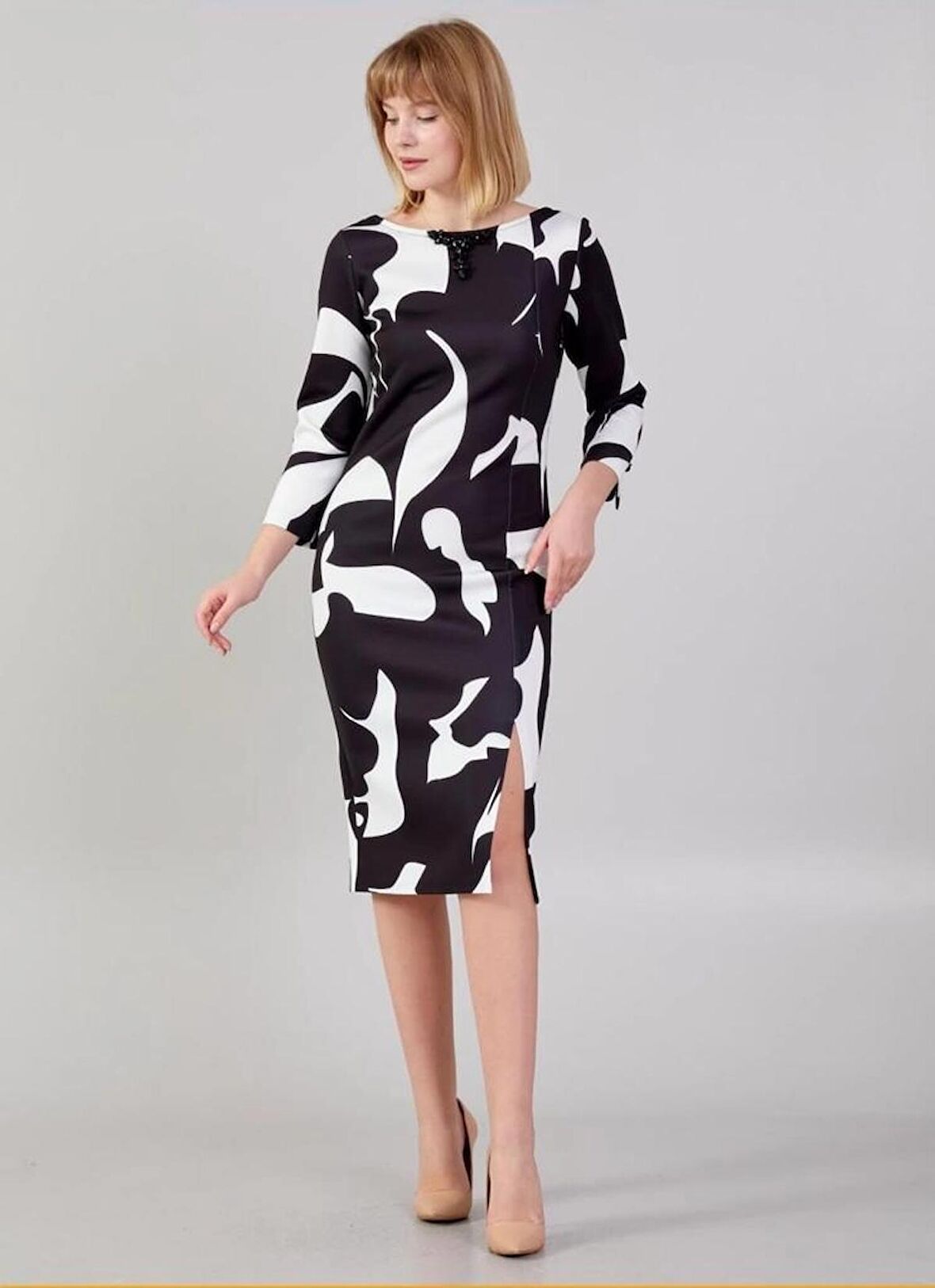 Modatalika Kadın Desenli Yakada Taş Detayı Truvakar Kollu Şık Midi Boy Elbise