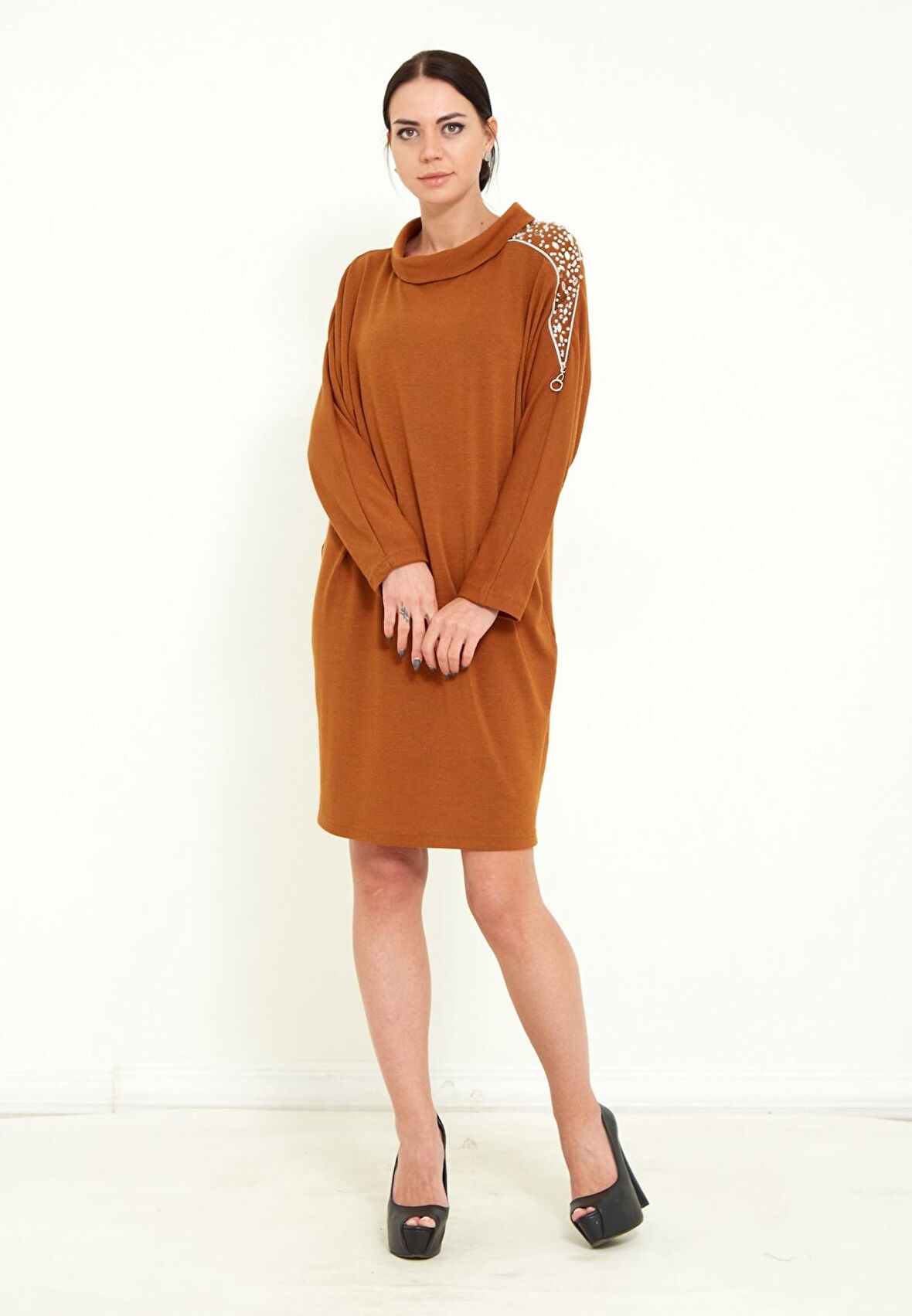 Modatalika Kadın Triko Taş İşlemeli Tasarım Midi Elbise