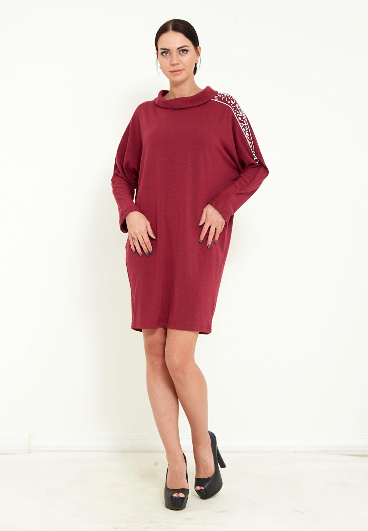 Modatalika Kadın Triko Taş İşlemeli Tasarım Midi Elbise