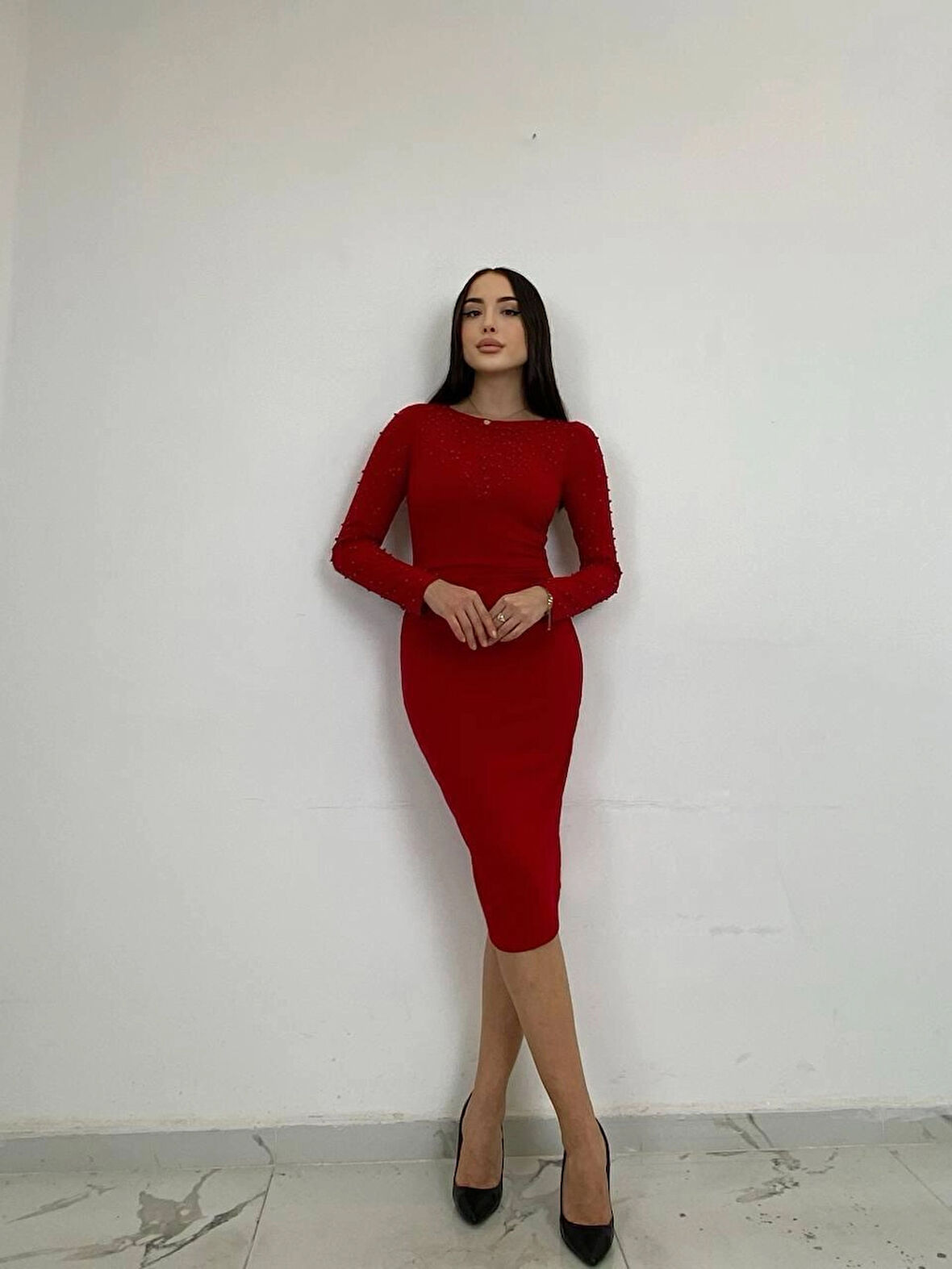 Modatalika Kadın Midi Boy Uzun Kol Özel Tasarım Boncuk İşlemeli Trend Elbise