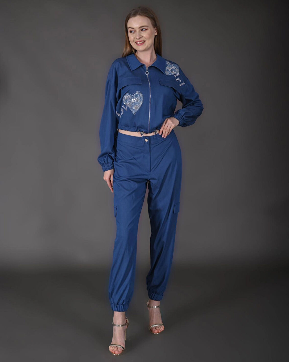 Modatalika Kadın Yeni Sezon Denim Ceket Taş Detaylı Pantolon Spor İkili Takım