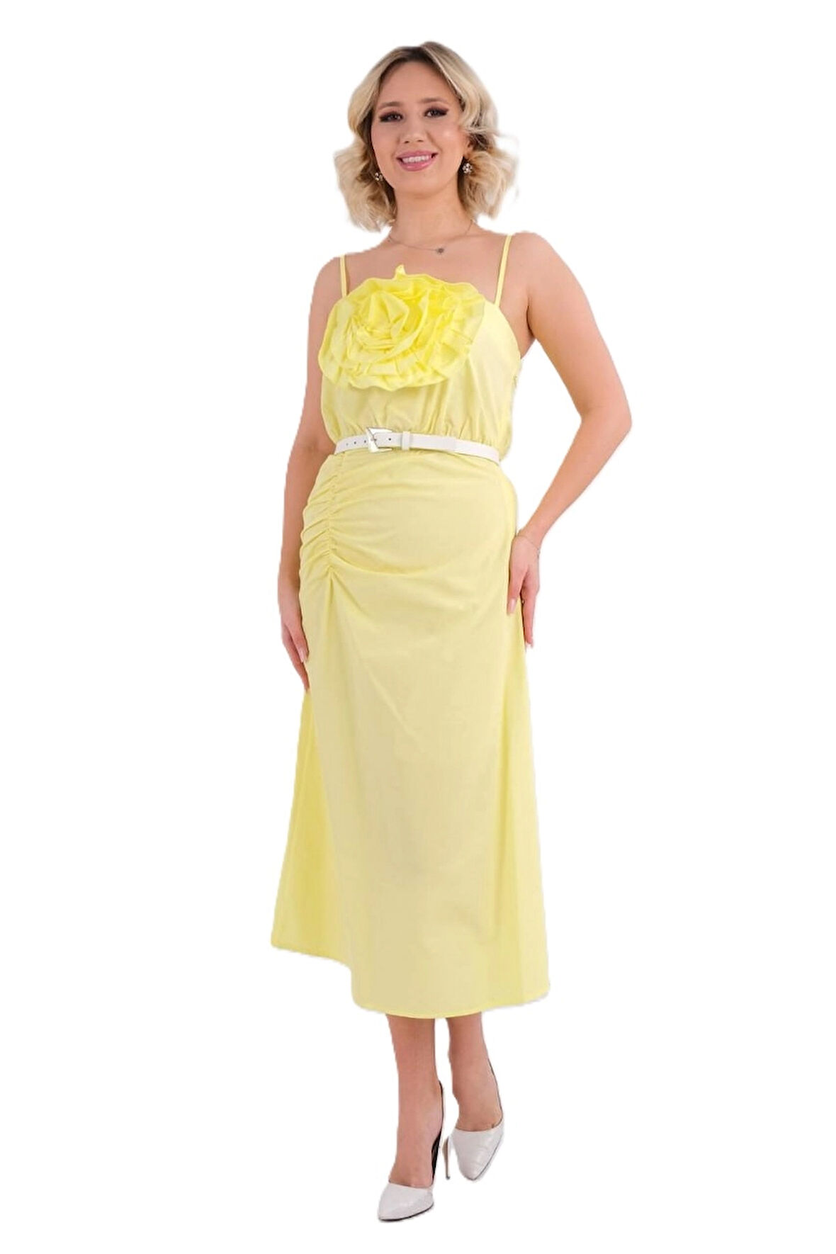 Trend Kadınl Yeni Sezon Pamuk Kumaş Midi Boy Gül Ve Kemer Detaylı Askılı Elbise