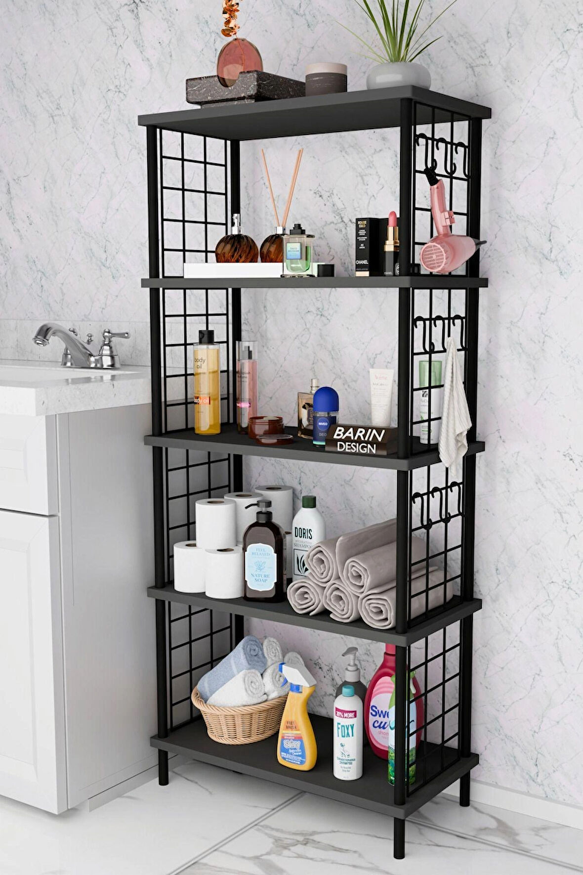5 Raflı Çevir-Kur Raf Ünitesi | Telli Metal Gövdeli Organizer | Banyo, Mutfak, Balkon, Antre Uyumlu
