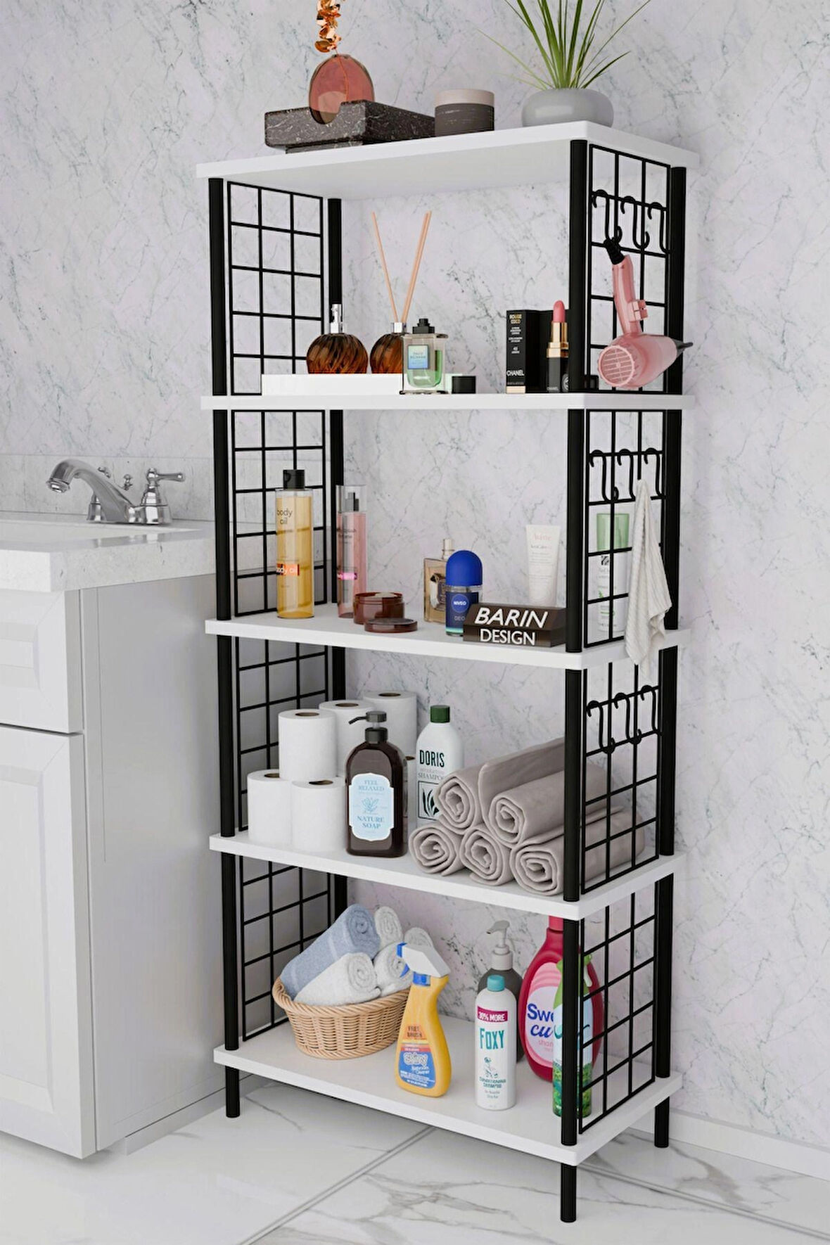 5 Raflı Çevir-Kur Raf Ünitesi | Telli Metal Gövdeli Organizer | Banyo, Mutfak, Balkon, Antre Uyumlu