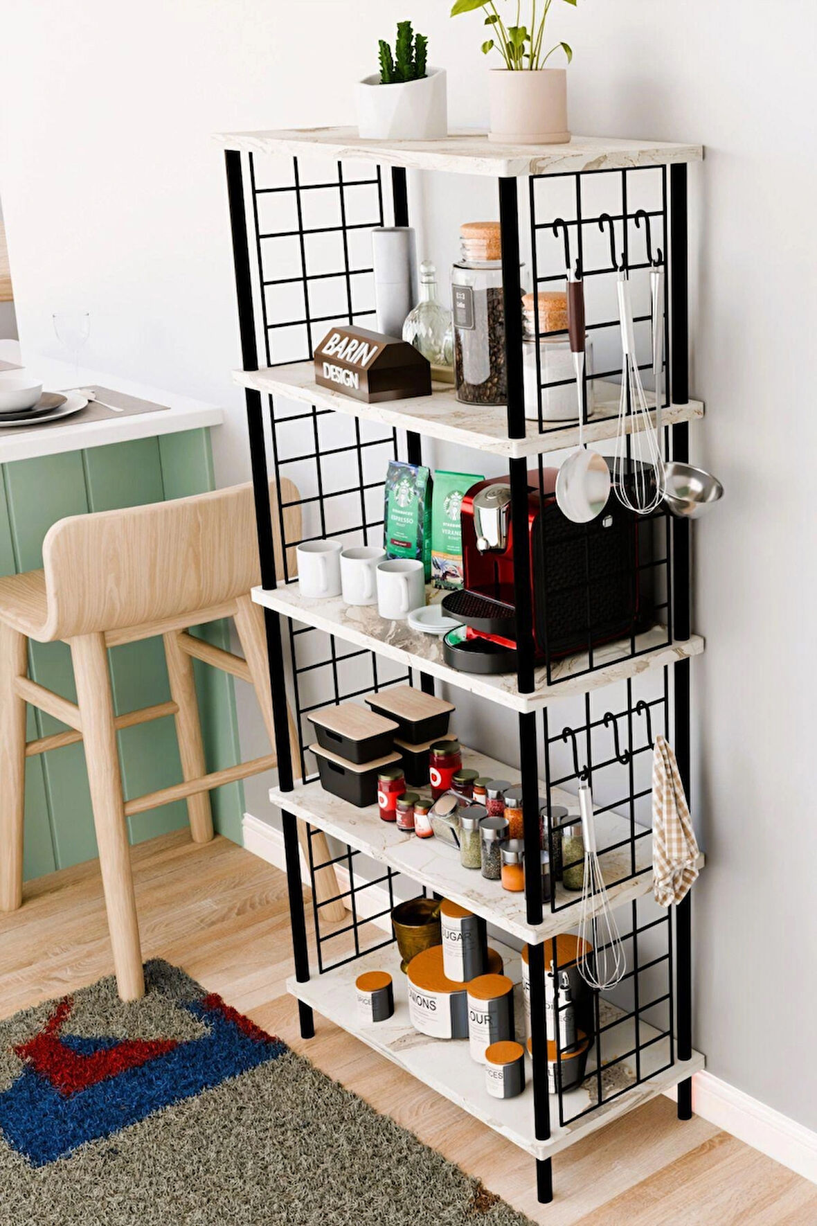 5 Raflı Çevir Kur Çok Amaçlı Raf – Tel Yan Panel, Açık Raf Sistemli Metal Gövdeli Organizer Dolap