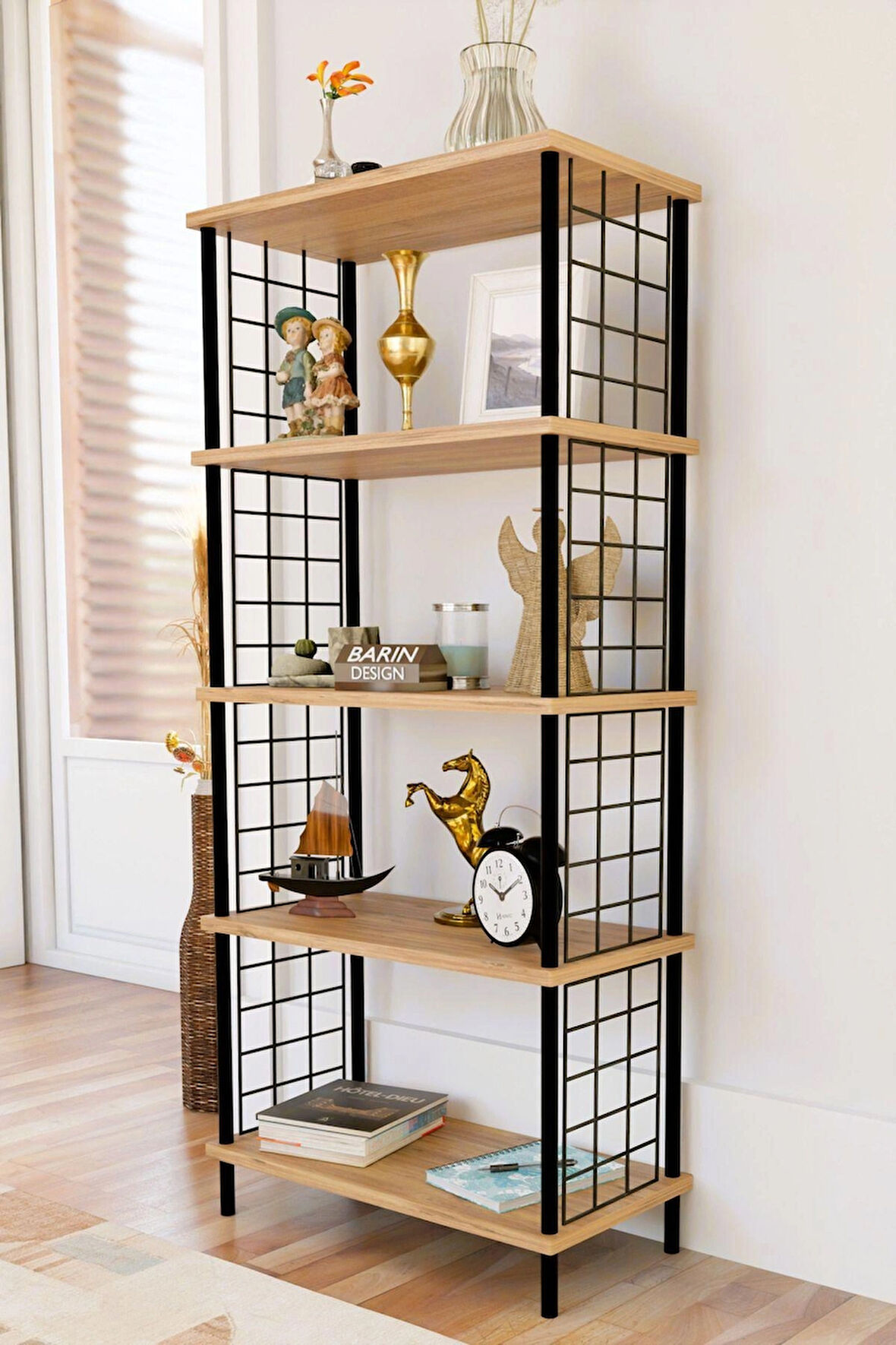 5 Raflı Telli Metal Kitaplık Salon,Ofis,Çalışma Odası Modern Düzenleyici Çevir Tak Kolay Kurulum Raf
