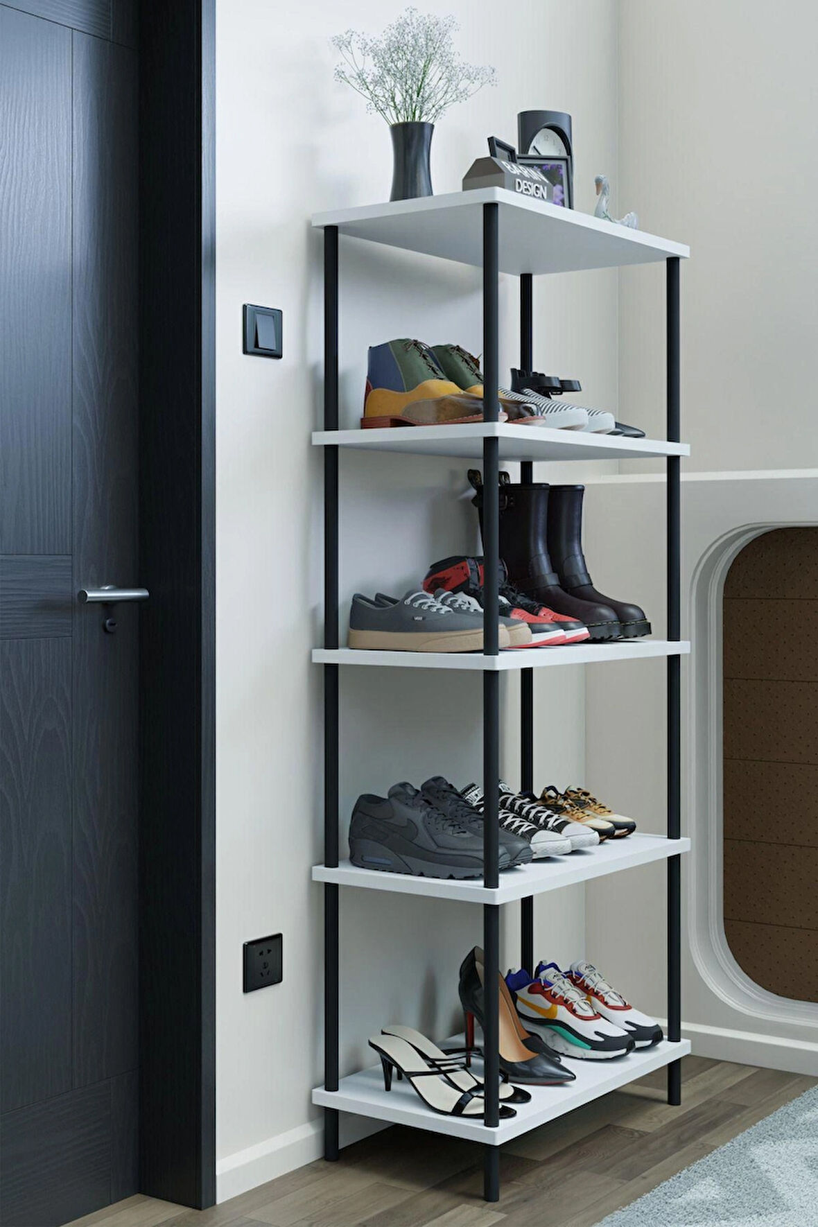 5 Raflı Çevir-Kur Ayakkabılık Metal Gövde Çok Amaçlı Raf Ünitesi Antre, Balkon, Banyo Uyumlu Dolap
