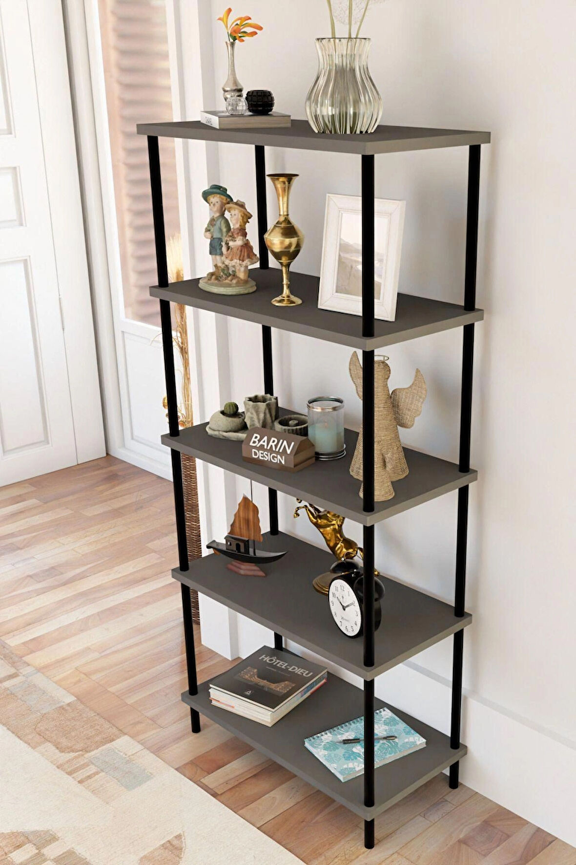 5 Raflı Modern Metal Gövdeli Kitaplık Çevir-Tak Kolay Kurulum Çalışma Odası, Salon, Ofis Kullanımı