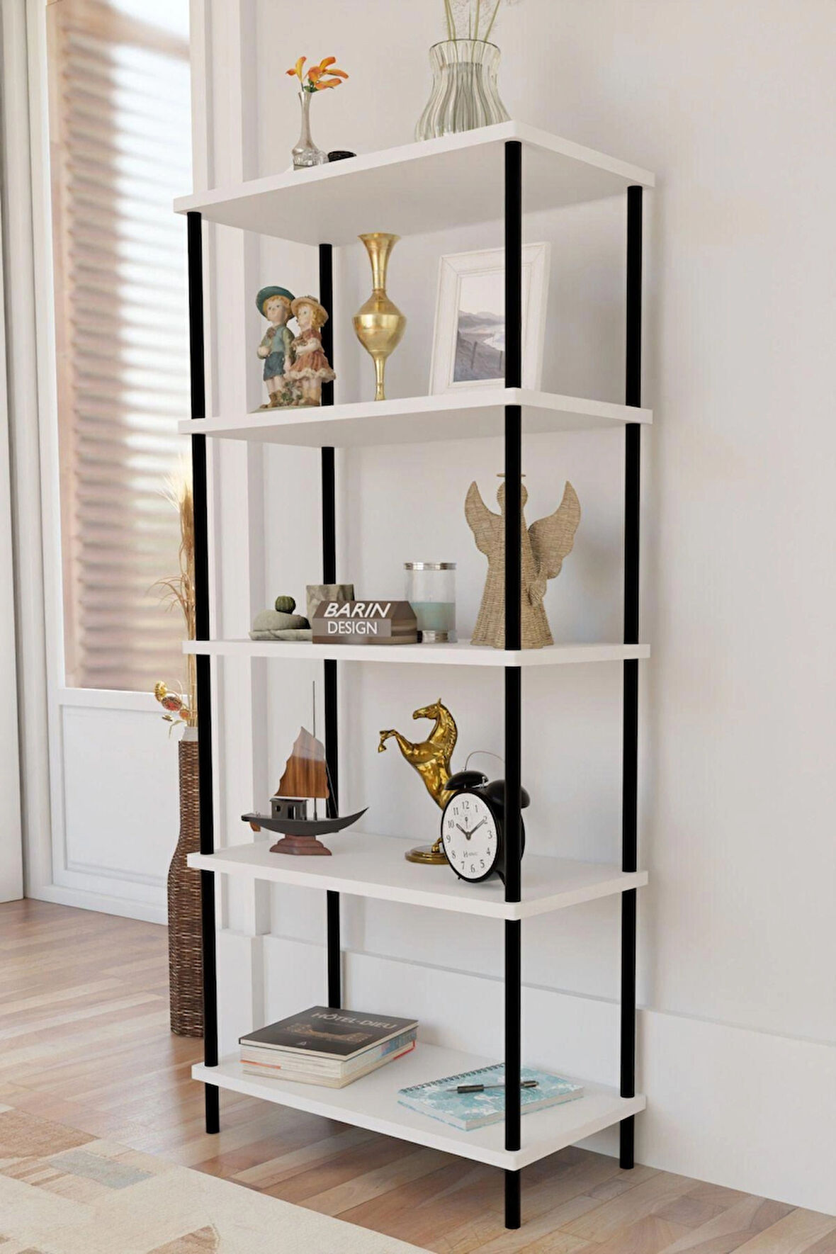 5 Raflı Modern Metal Gövdeli Kitaplık Çevir-Tak Kolay Kurulum Çalışma Odası, Salon, Ofis Kullanımı