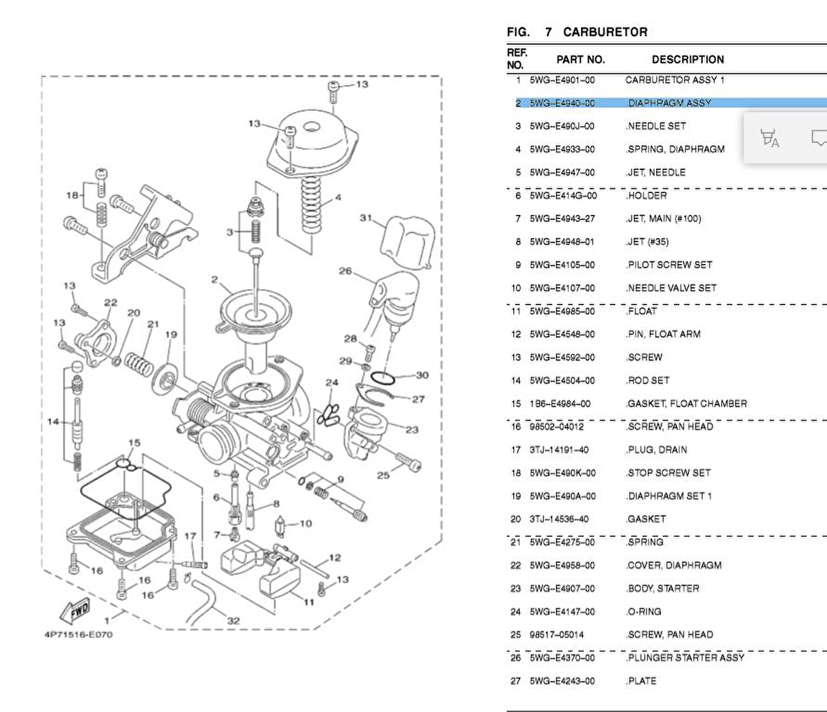-Yamaha Xc125 Diyafram