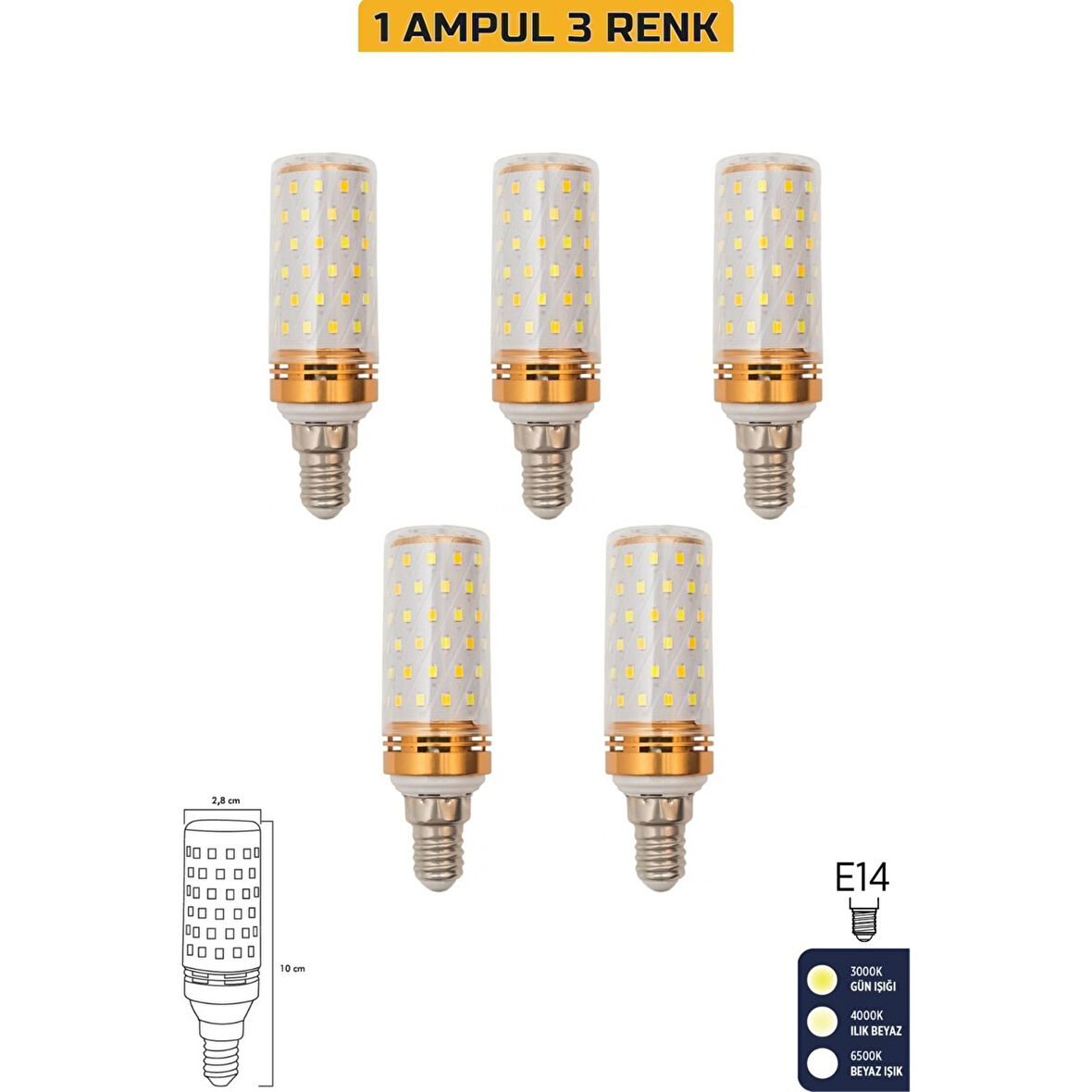 Mısır Şeffaf 10W Üç Renkli E14 LED 5'li Ampul ERD-306