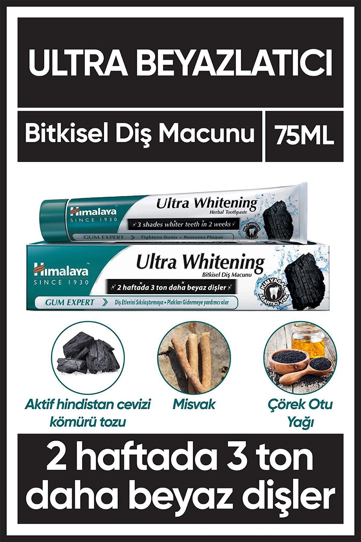 Ultra Whitening Bitkisel Beyazlatıcı Diş Macunu 75 ml, Kimyasal Beyazlatıcı İçermez, Aktif Kömür