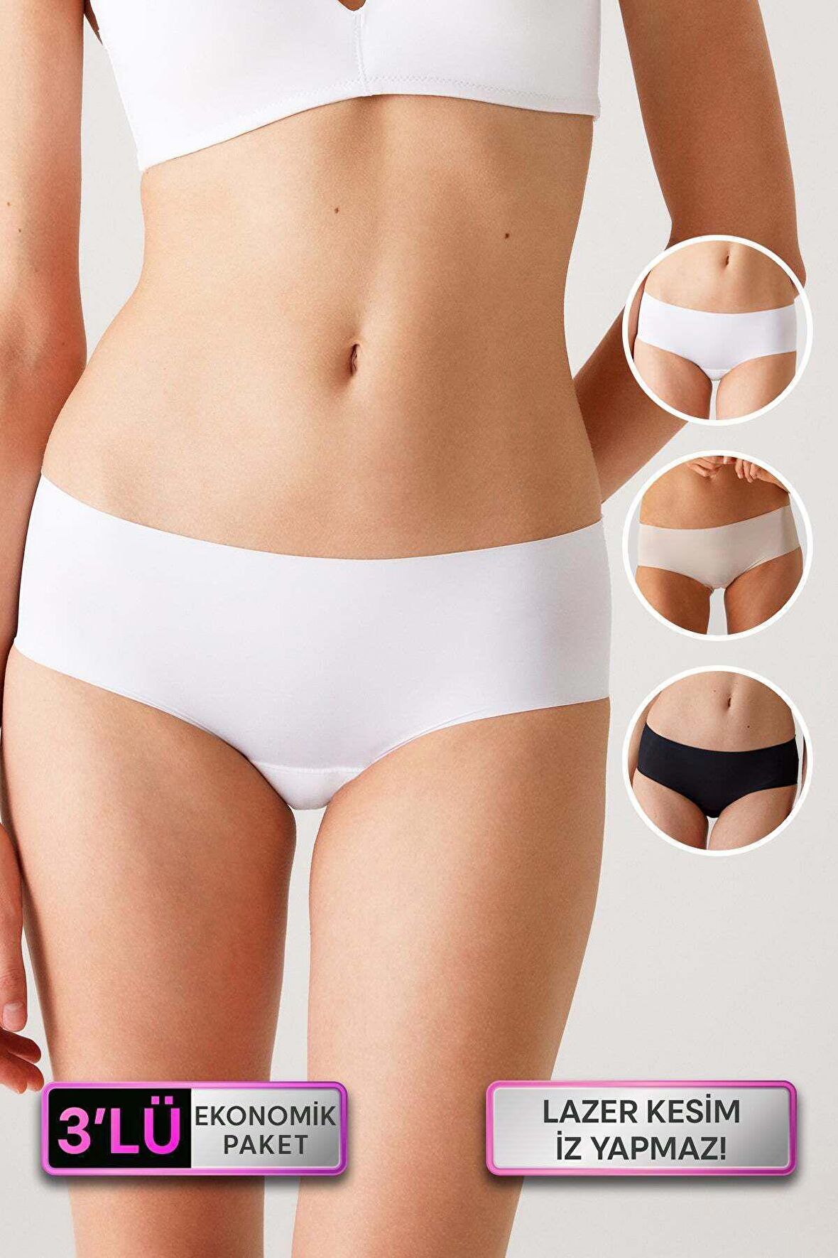 Pierre Cardin Beyaz, Ten, Siyah Clean Cut Thong Yüksek Bel Lazer Kesim Dikişsiz Şort Boxer Kadın 3 Lü Külot