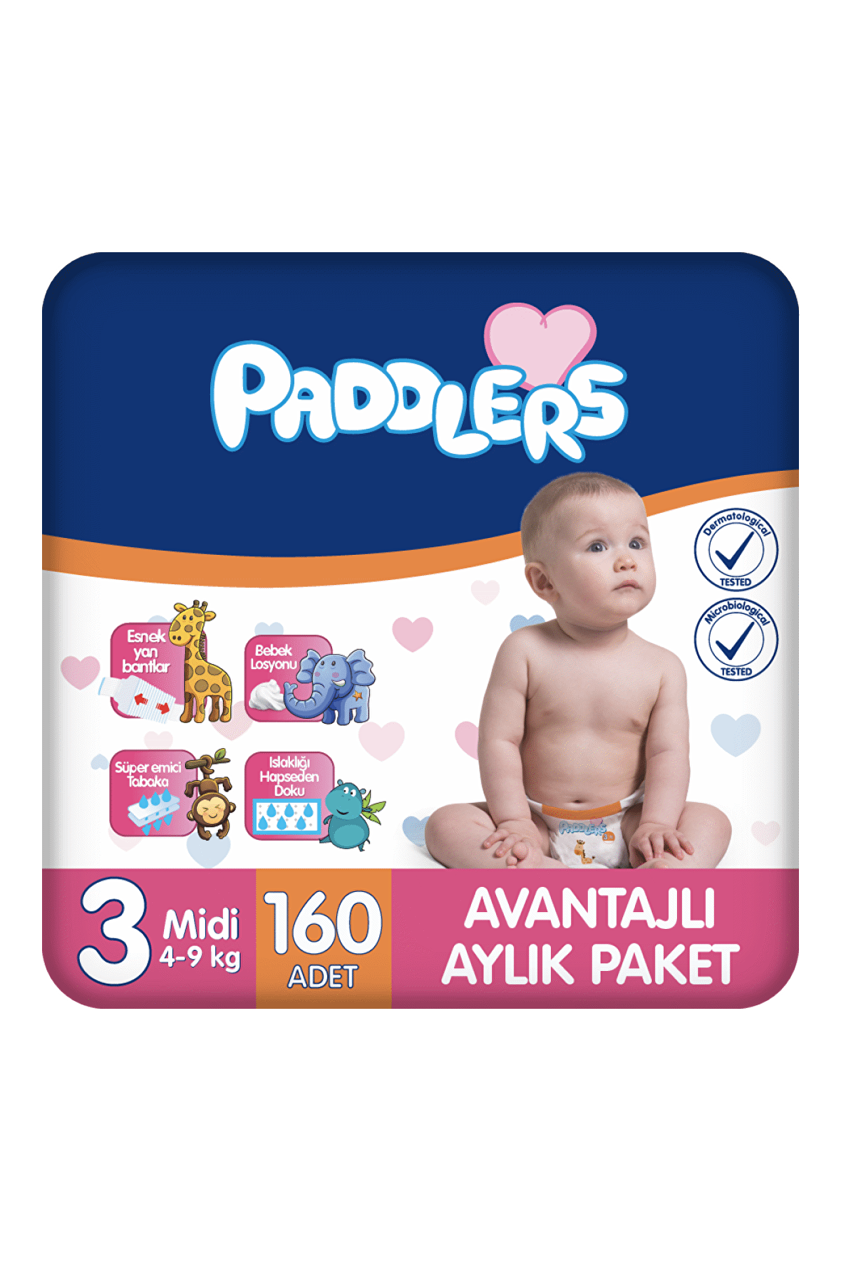 Paddlers Bebek Bezi 3 Numara Midi 160 Adet (4-9 Kg) Aylık Paket