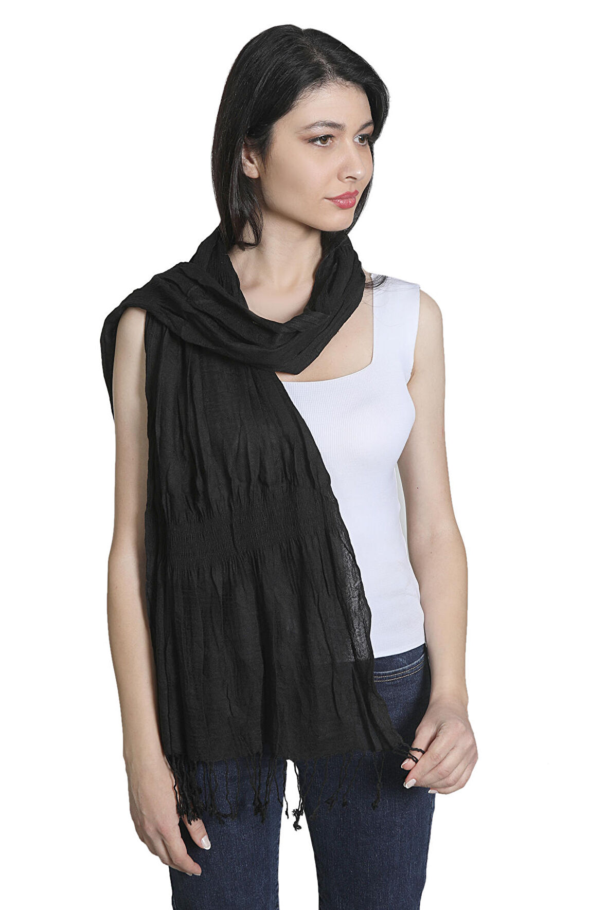 Siyah Renk Pamuklu Polyester Eşarp Şal