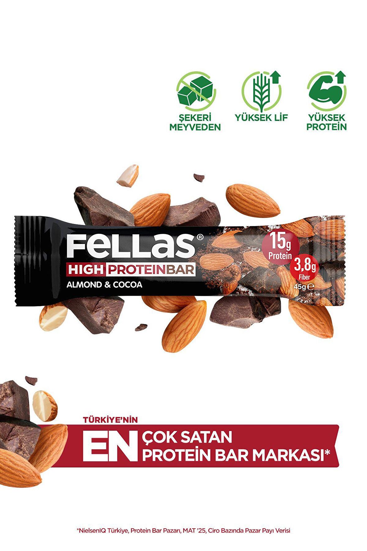 Yüksek Protein Bar - Bademli ve Kakaolu 45 gr x 12 Adet