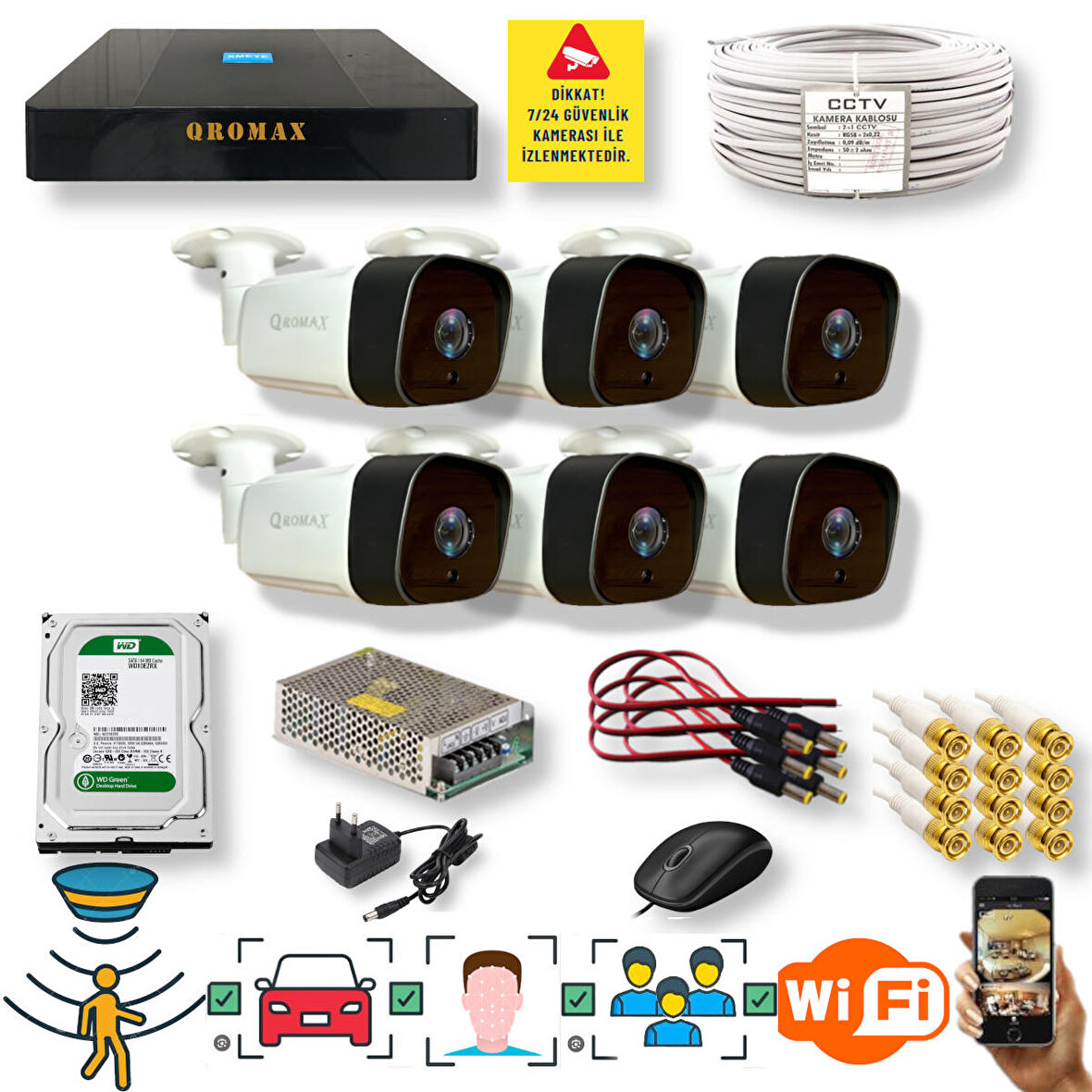6 Kameralı Set - Araç İnsan Yüz Hareket Algılayan 36 IR Led 5MP Sony Lensli 1080P Metal Kasa Güvenlik Kamerası Seti 5236