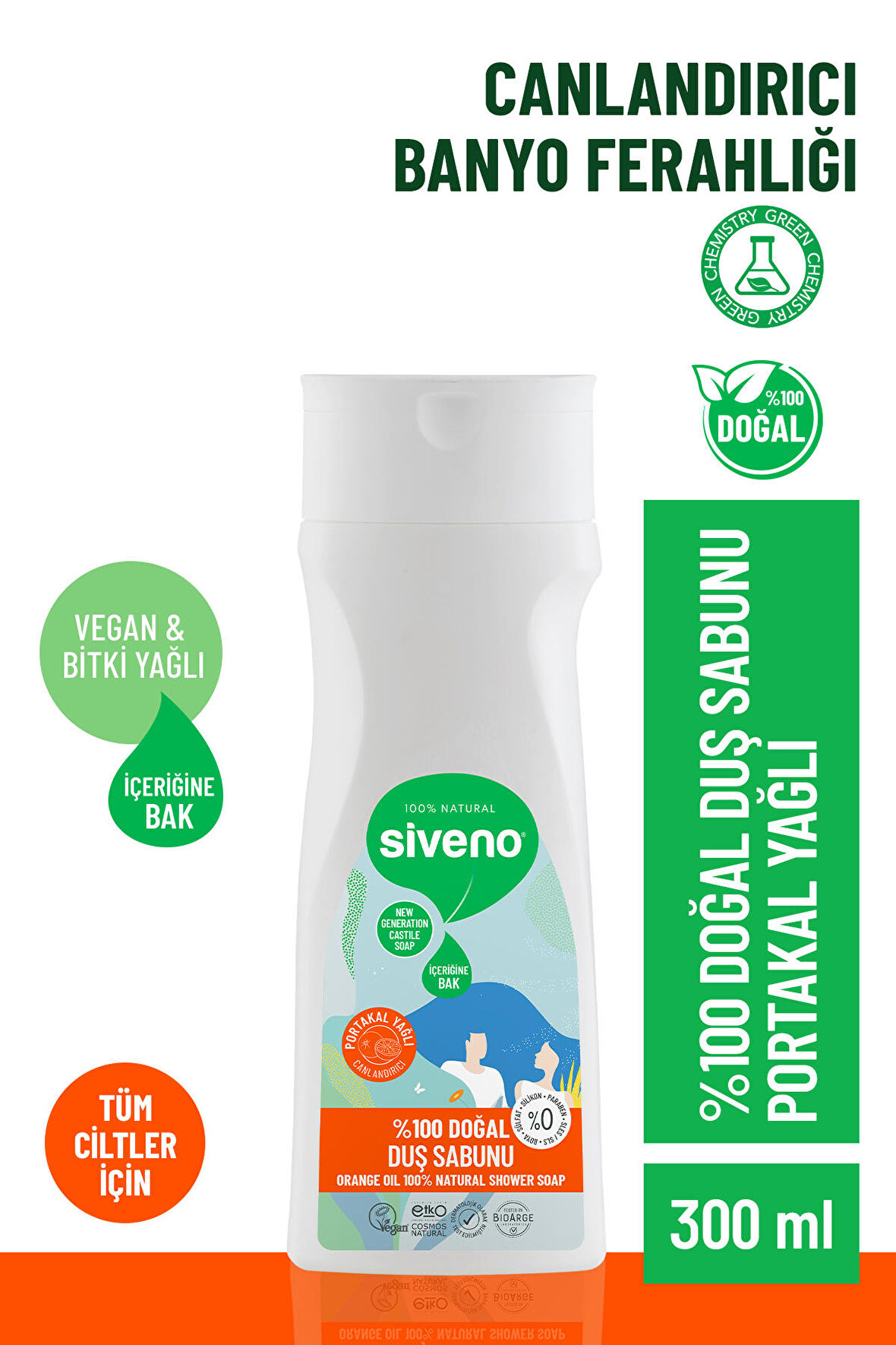 Siveno %100 Doğal Duş Sabunu Portakal Kokulu Canlandırıcı Duş Jeli 6 Değerli Bitki Vegan 300 ml