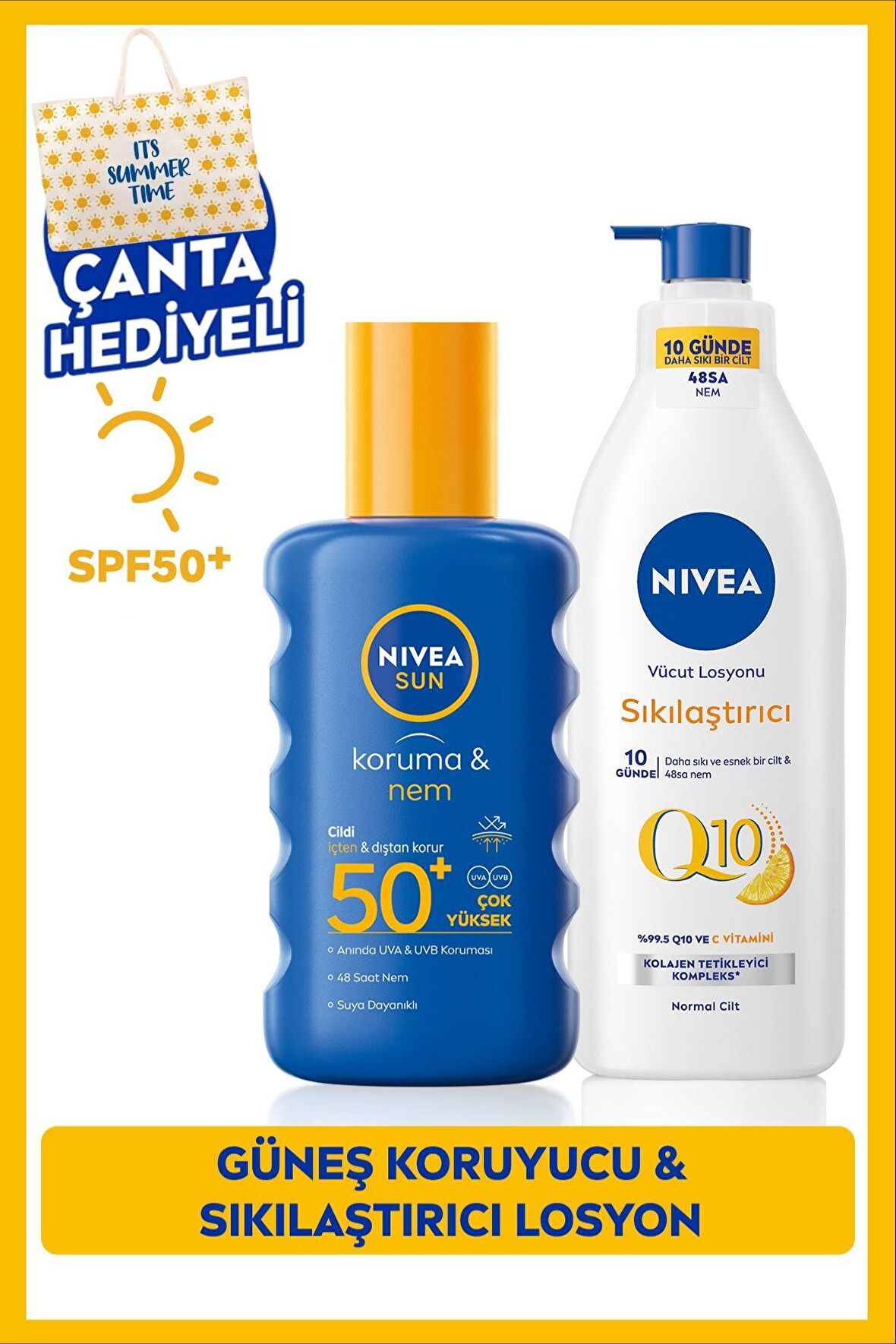 Nivea Sun Güneş Koruyucu Vücut Spreyi 200ml Spf50 Ve Q10 Sıkılaştırıcı Vücut Losyonu 400ml, Çanta Hediye