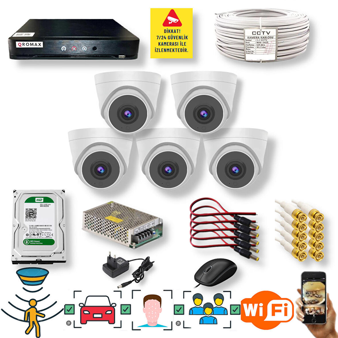 5 Kameralı Set - Araç İnsan Yüz Hareket Algılayan 1080P 5 MP Sony Lens 6 SMART LED Dome Güvenlik Kamerası Seti D206SL-1