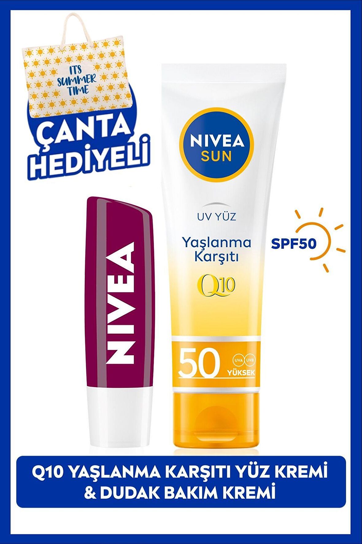 Nivea Sun Q10 Yaşlanma Karşıtı Güneş Koruyucu Yüz Kremi 50ml Ve Böğürtlen Dudak Bakım Kremi, Çanta Hediye