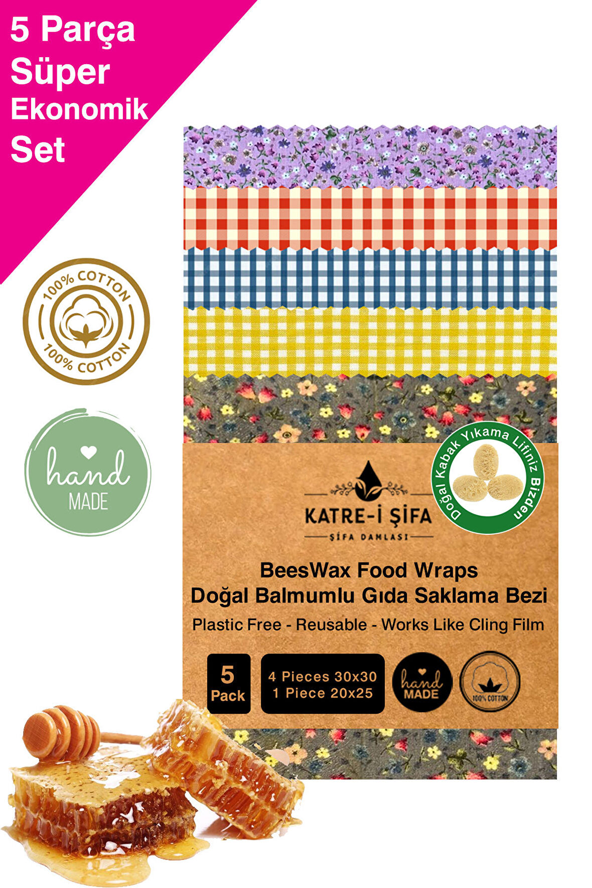 Balmumlu Doğal Gıda Saklama Bezi 5 Parça Balmumu Bez Beeswax Food Wraps (BALMUMU BEZİ)